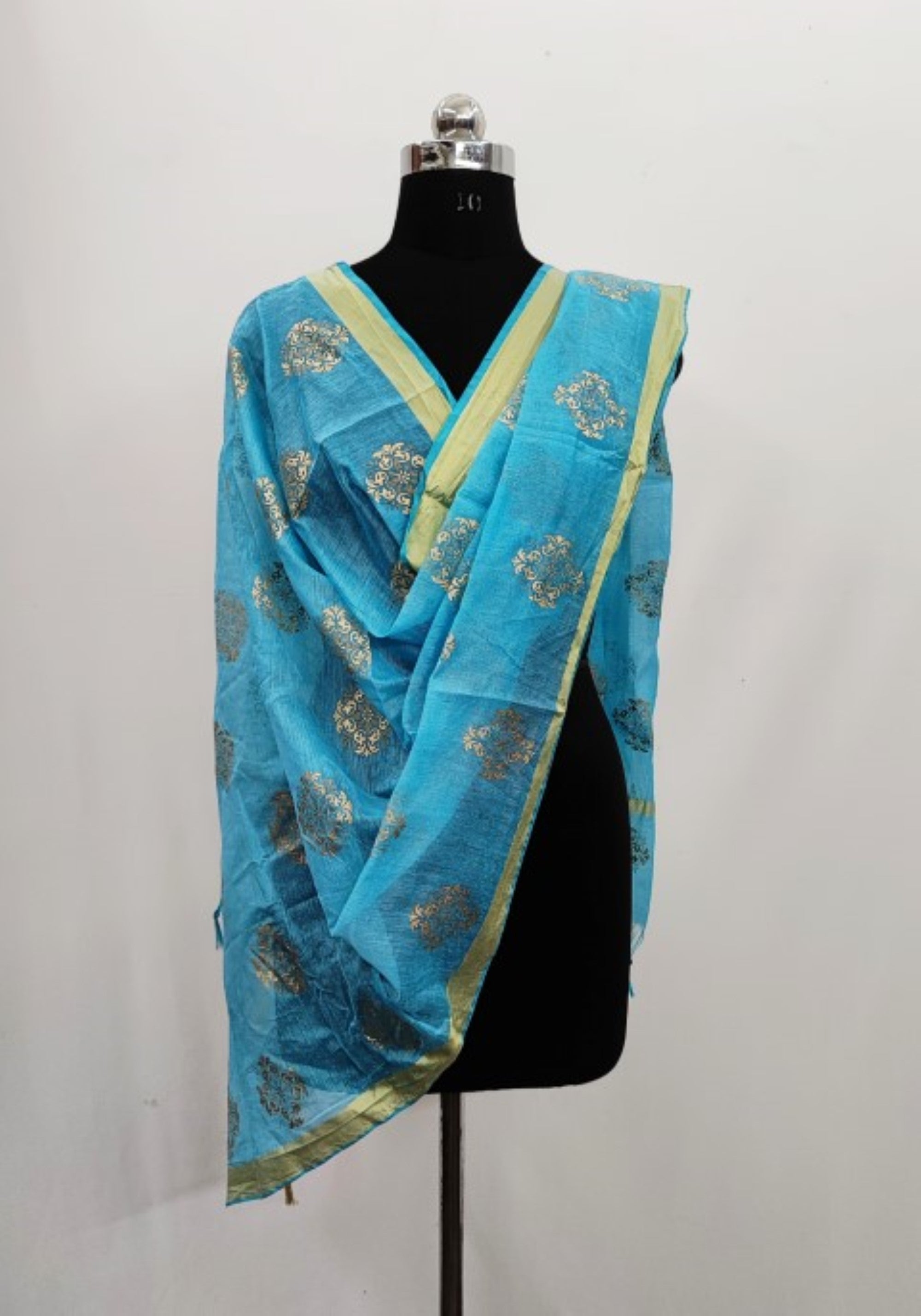 Women's Sky Blue  Self Woven Gold Zari Paisley Design Cotton Silk Dupatta With Tassles - NIMIDHYA