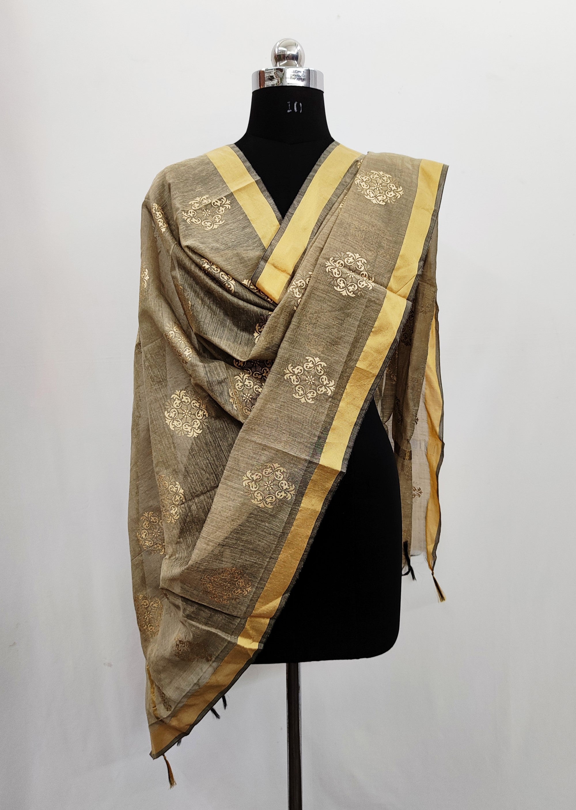 Women's Beige Self Woven Gold Zari Paisley Design Cotton Silk Dupatta With Tassles - NIMIDHYA