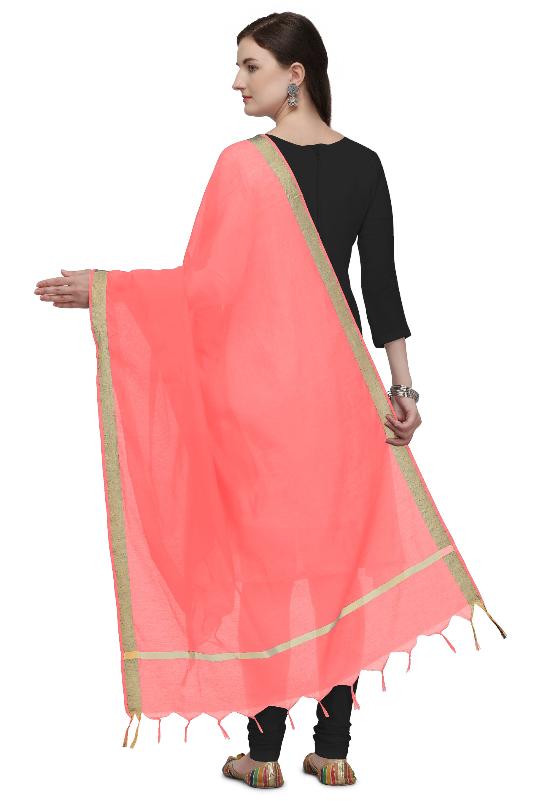 Women's Baby Pink Solid Self Woven Gold Zari Border Cotton Silk Dupatta With Tassles - NIMIDHYA