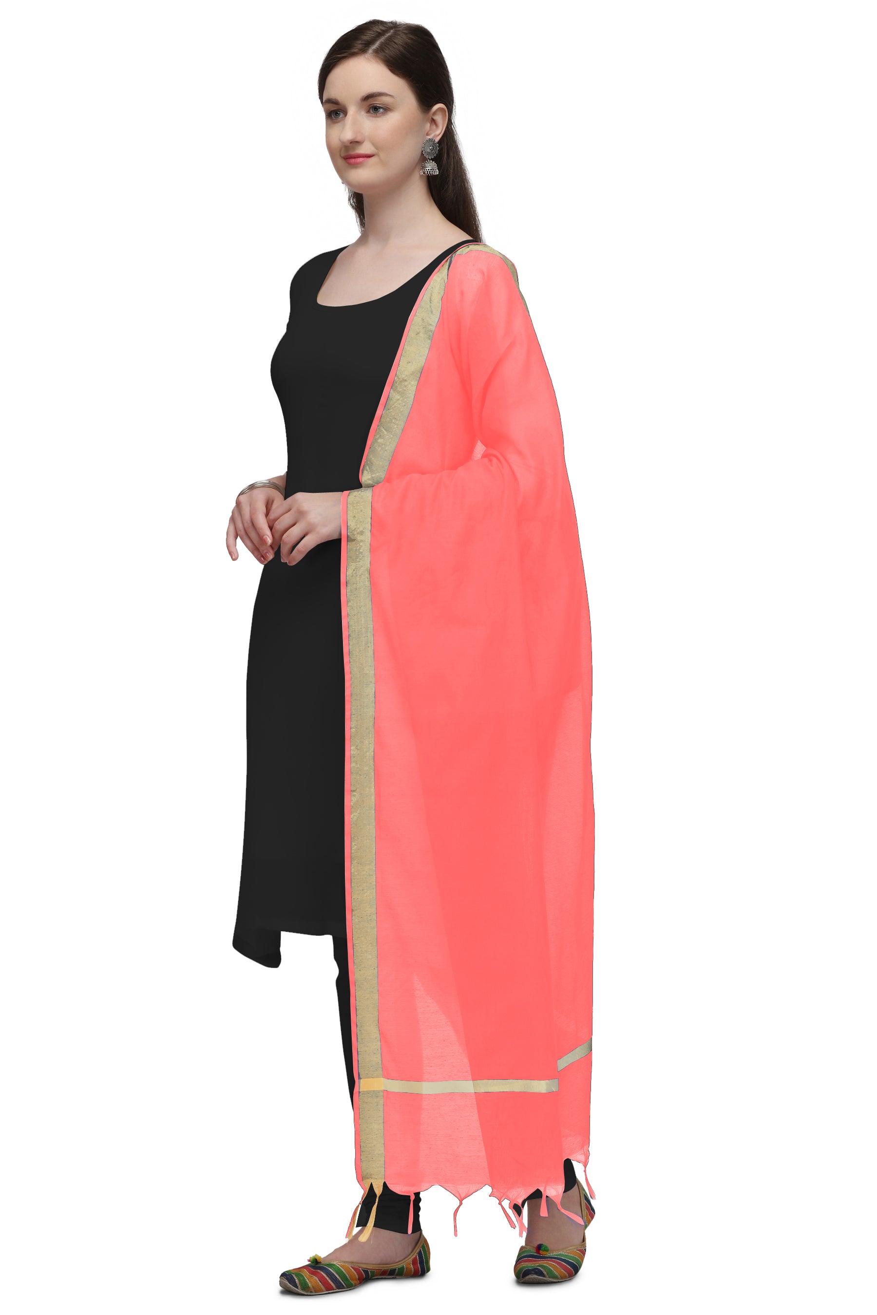 Women's Baby Pink Solid Self Woven Gold Zari Border Cotton Silk Dupatta With Tassles - NIMIDHYA