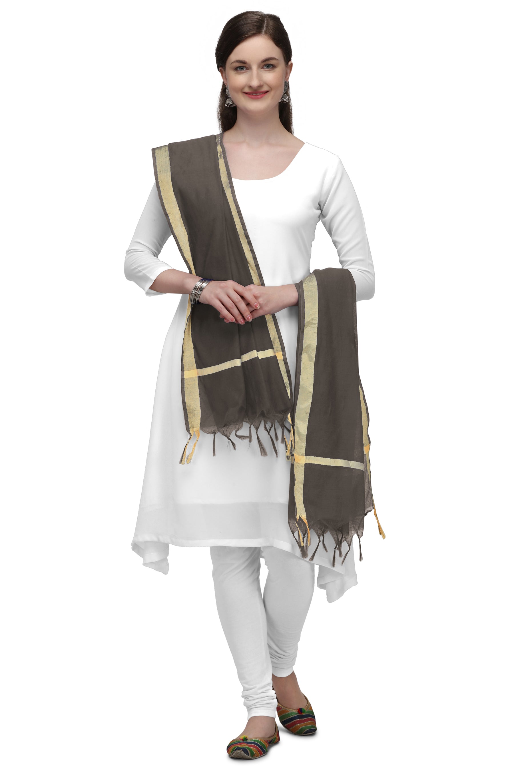 Women's Black Solid Self Woven Gold Zari Border Cotton Silk Dupatta With Tassles - NIMIDHYA