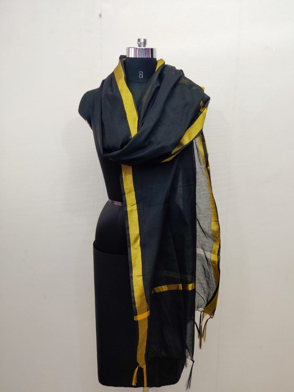 Women's Black Solid Self Woven Gold Zari Border Cotton Silk Dupatta With Tassles - NIMIDHYA
