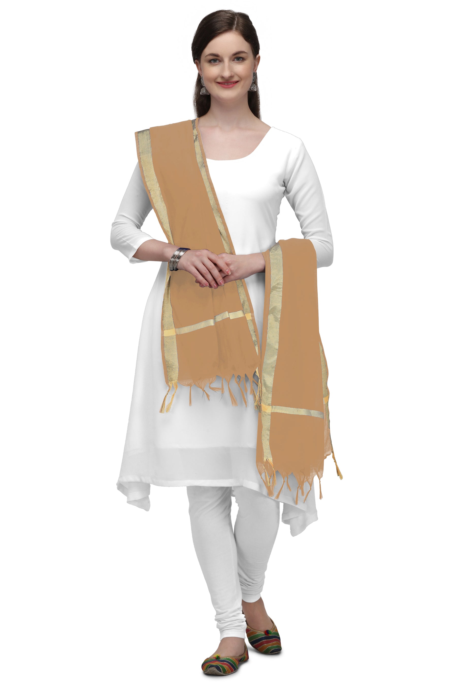 Women's Chiku Solid Self Woven Gold Zari Border Cotton Silk Dupatta With Tassles - NIMIDHYA