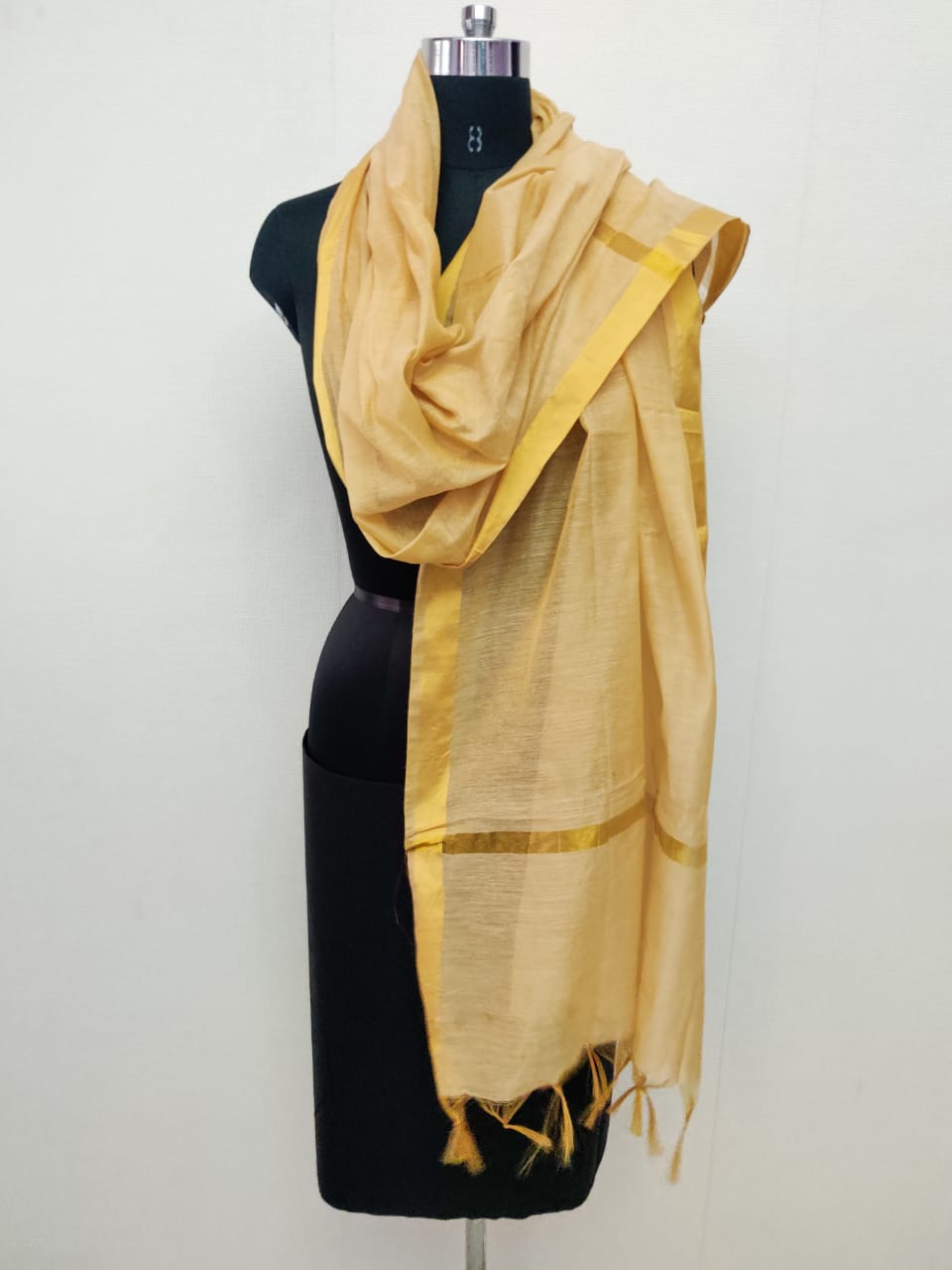 Women's Chiku Solid Self Woven Gold Zari Border Cotton Silk Dupatta With Tassles - NIMIDHYA