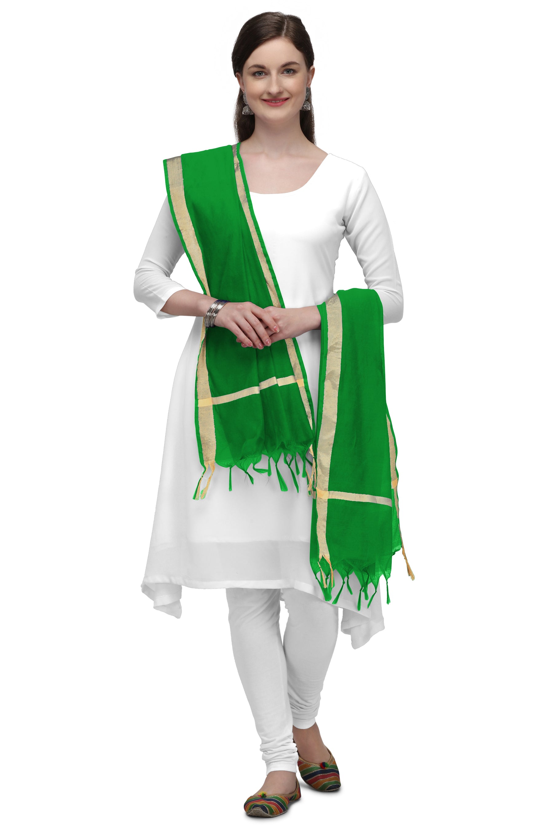 Women's Green Solid Self Woven Gold Zari Border Cotton Silk Dupatta With Tassles - NIMIDHYA