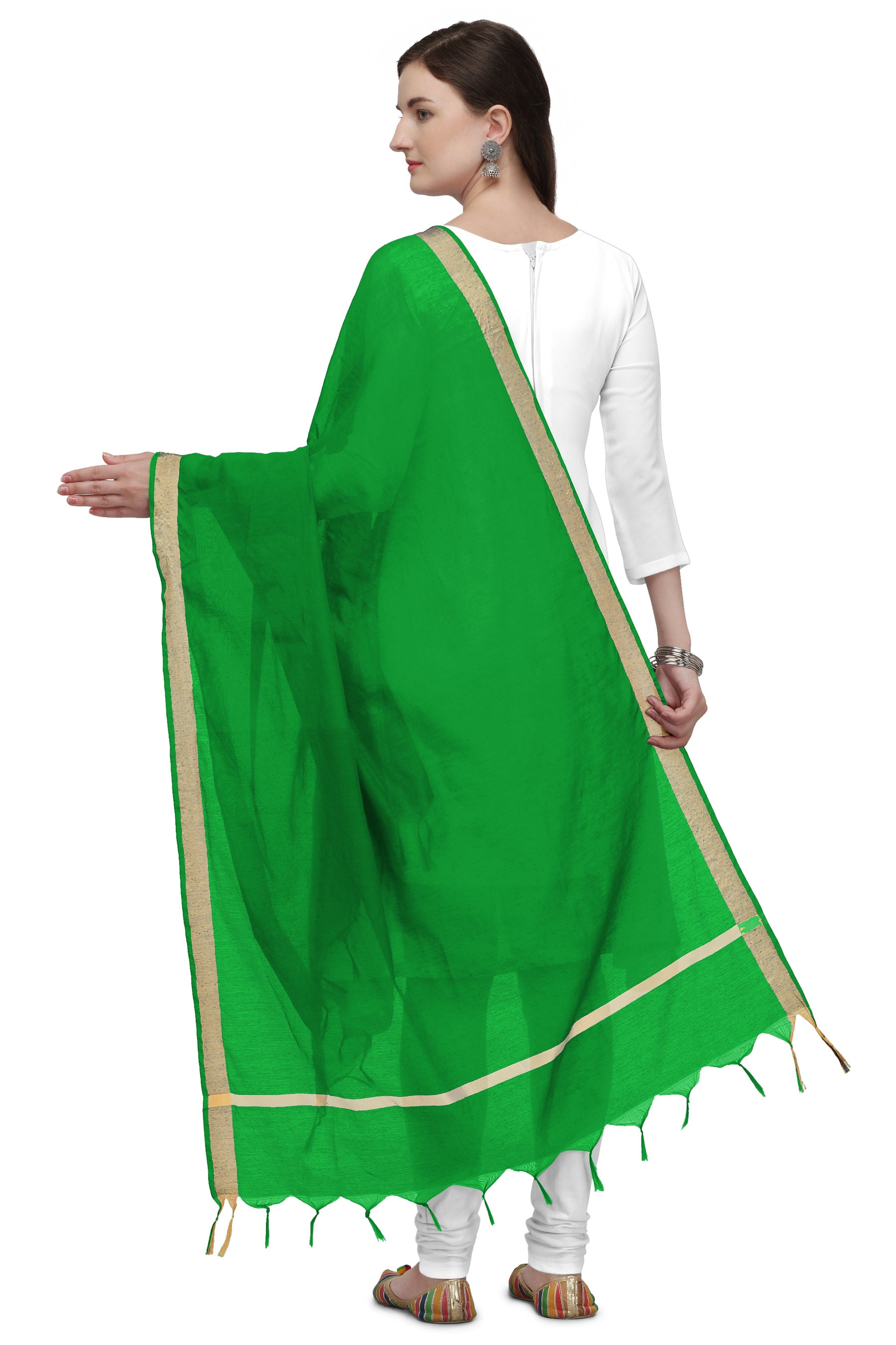 Women's Green Solid Self Woven Gold Zari Border Cotton Silk Dupatta With Tassles - NIMIDHYA