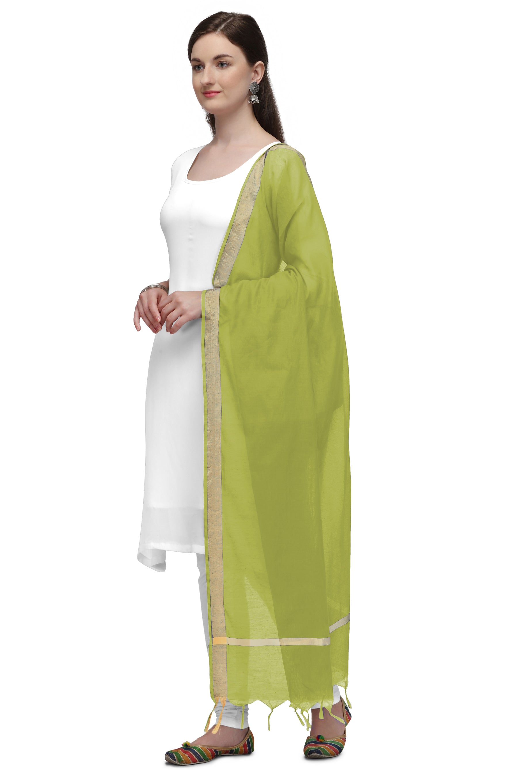Women's Light Green Solid Self Woven Gold Zari Border Cotton Silk Dupatta With Tassles - NIMIDHYA