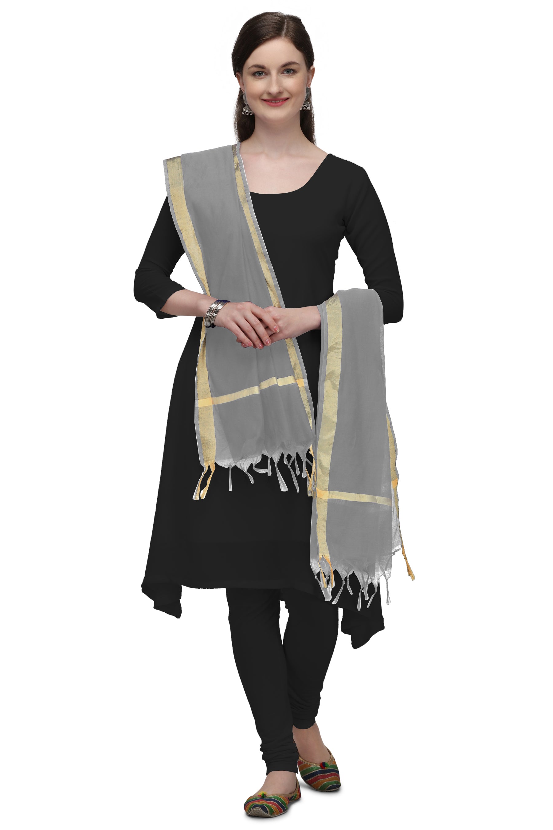 Women's Light Grey Solid Self Woven Gold Zari Border Cotton Silk Dupatta With Tassles - NIMIDHYA