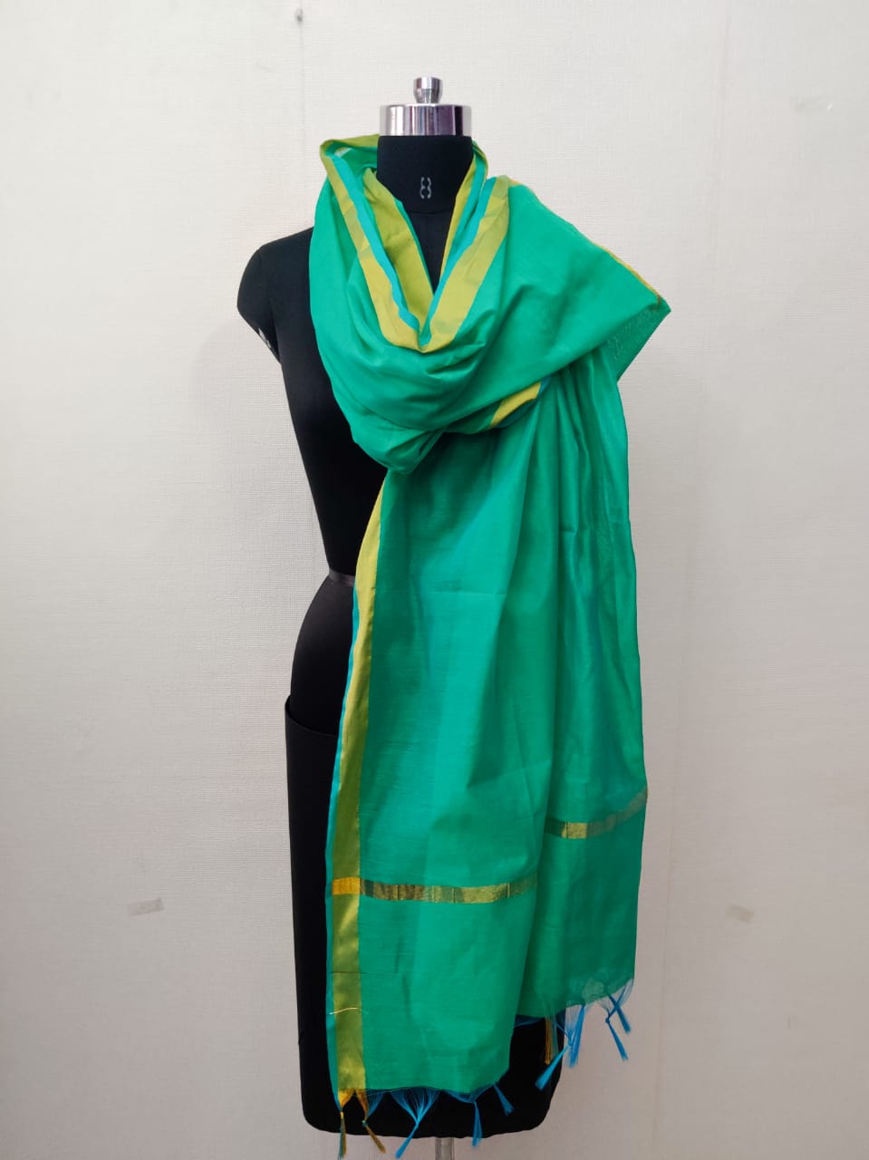 Women's Light Rama Solid Self Woven Gold Zari Border Cotton Silk Dupatta With Tassles - NIMIDHYA