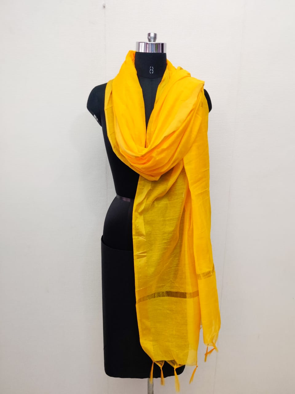 Women's Mustard Yellow Solid Self Woven Gold Zari Border Cotton Silk Dupatta With Tassles - NIMIDHYA