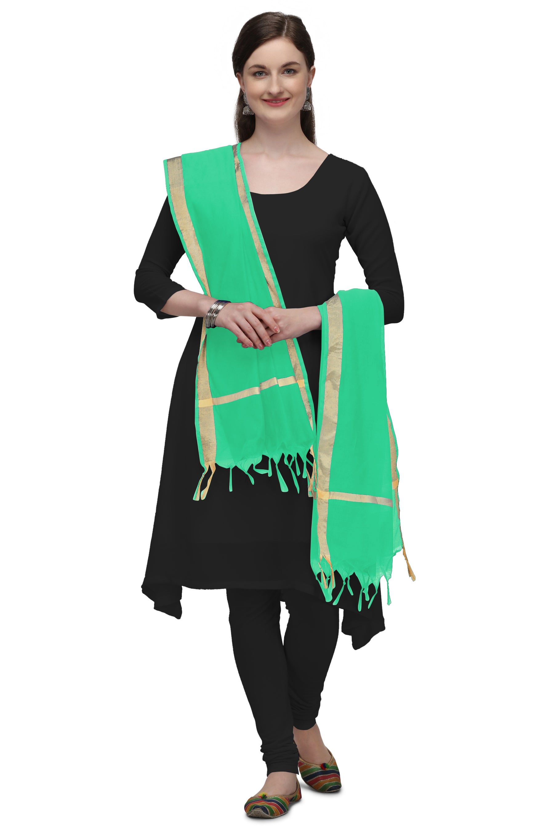 Women's Mint Green Solid Self Woven Gold Zari Border Cotton Silk Dupatta With Tassles - NIMIDHYA
