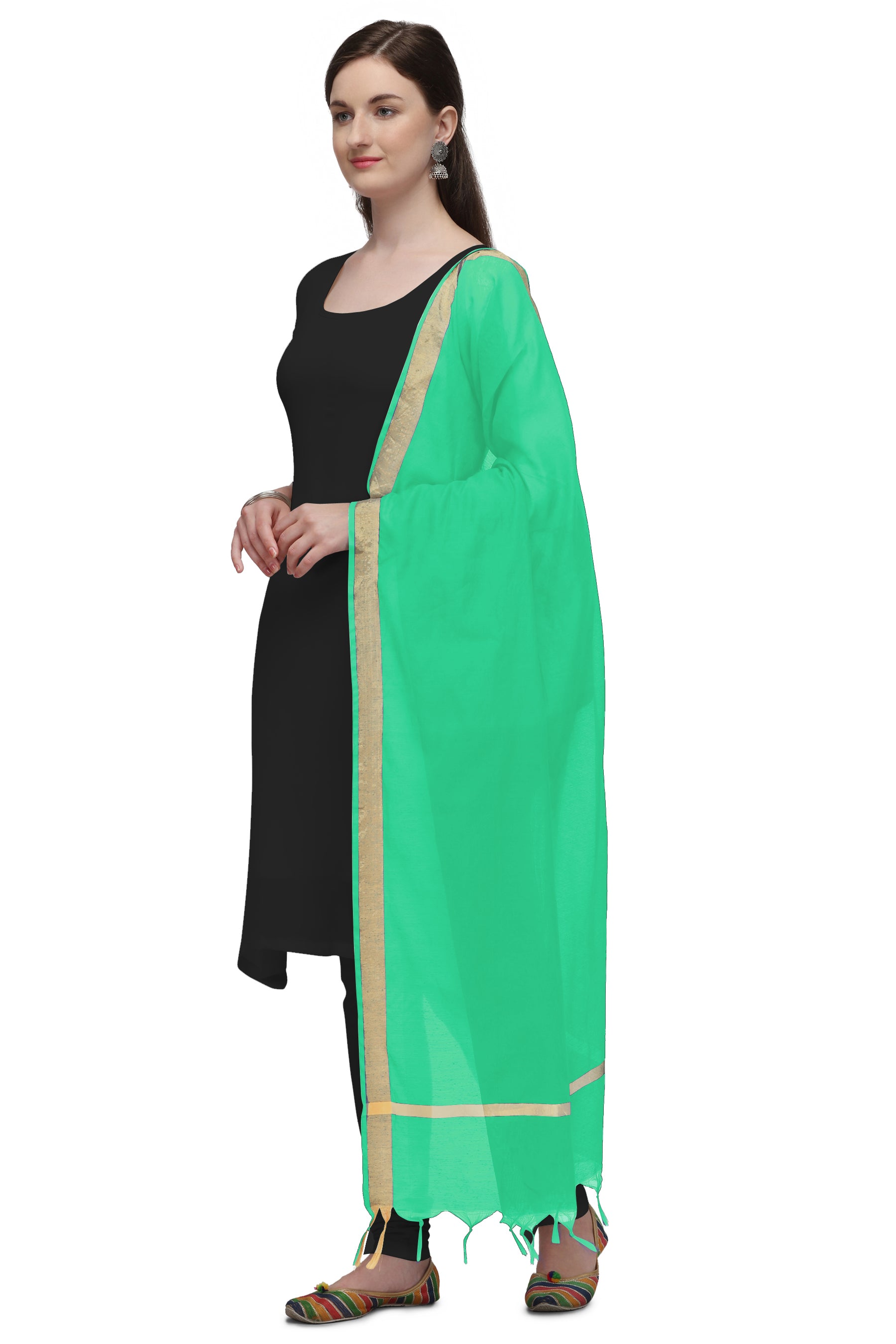 Women's Mint Green Solid Self Woven Gold Zari Border Cotton Silk Dupatta With Tassles - NIMIDHYA