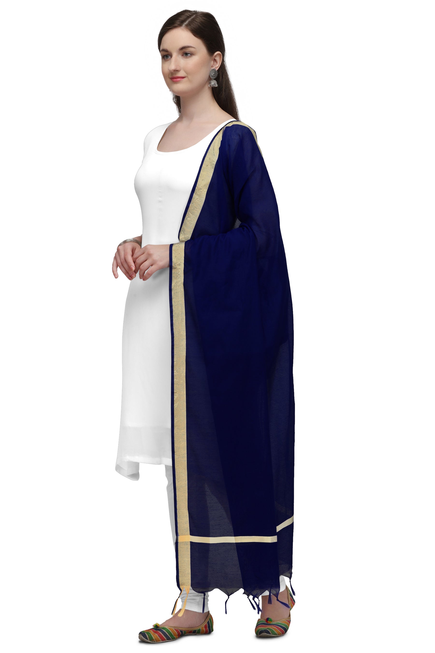 Women's Navy Blue Solid Self Woven Gold Zari Border Cotton Silk Dupatta With Tassles - NIMIDHYA