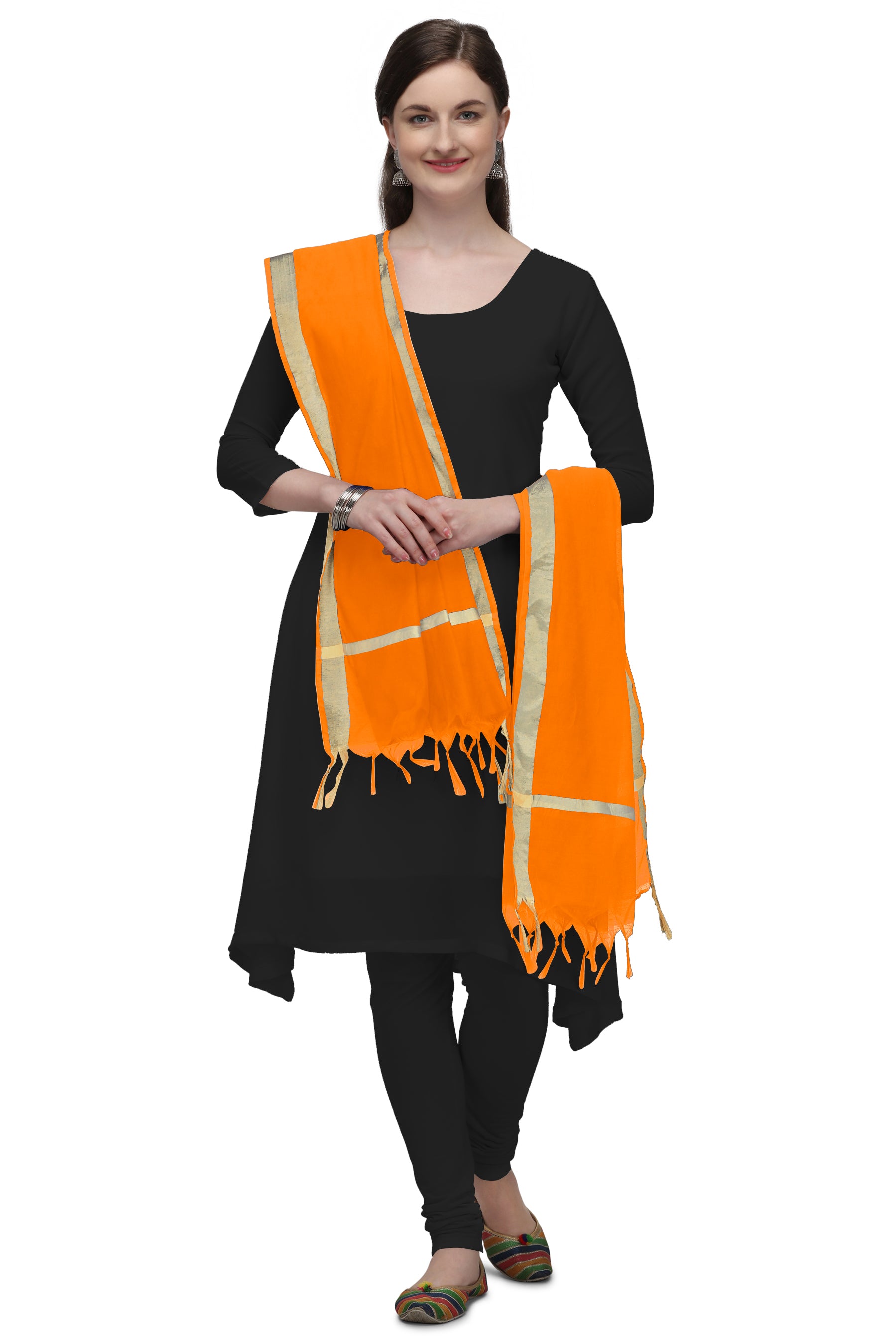 Women's Orange Solid Self Woven Gold Zari Border Cotton Silk Dupatta With Tassles - NIMIDHYA