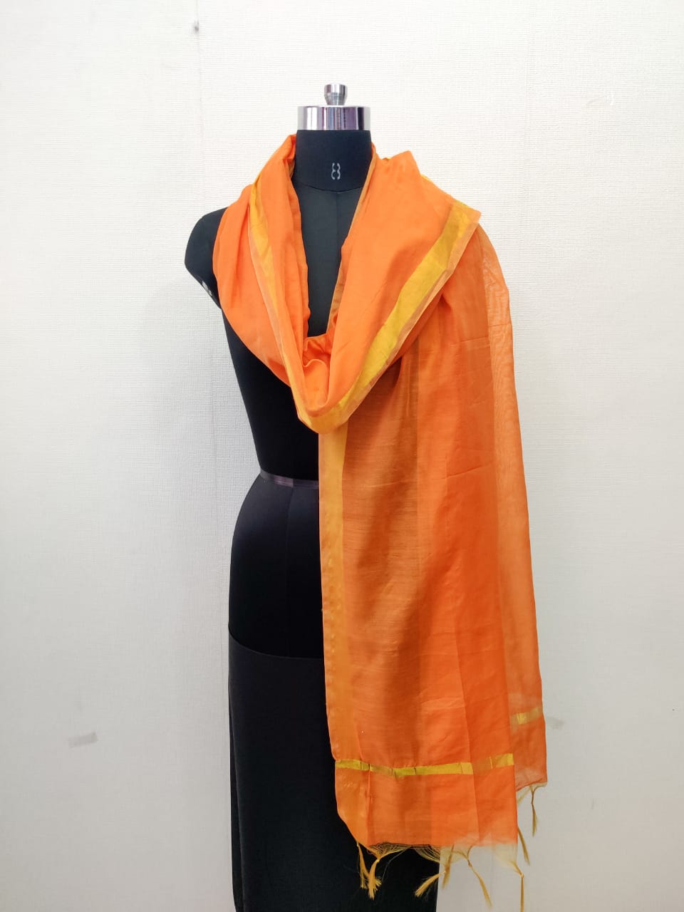 Women's Orange Solid Self Woven Gold Zari Border Cotton Silk Dupatta With Tassles - NIMIDHYA
