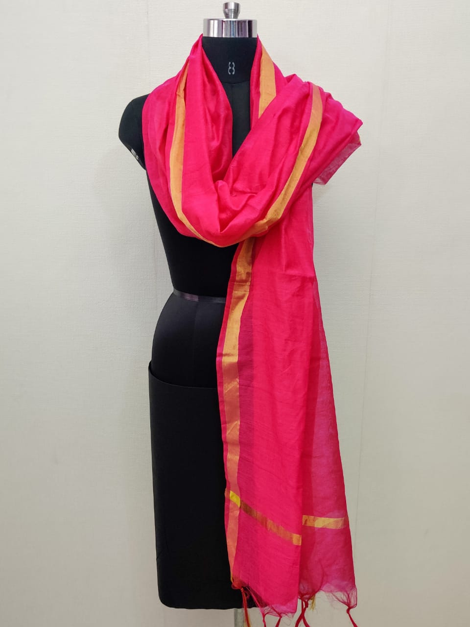 Women's Pink Solid Self Woven Gold Zari Border Cotton Silk Dupatta With Tassles - NIMIDHYA