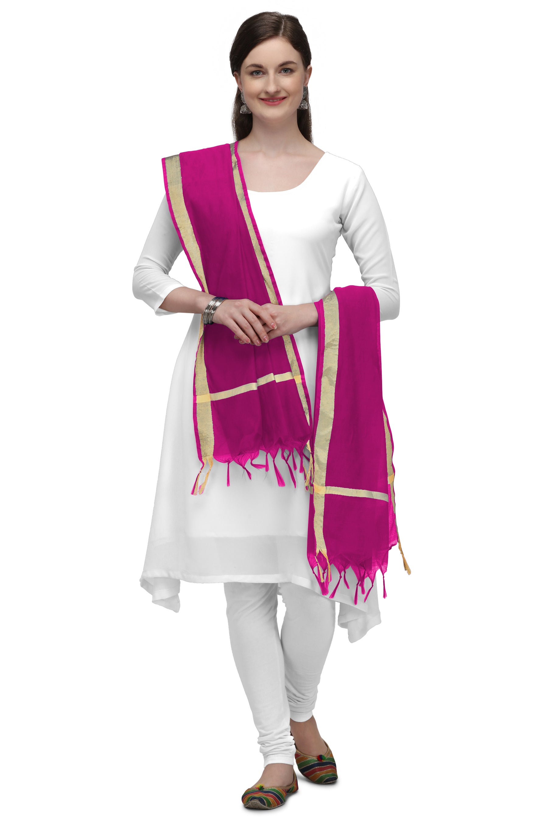 Women's Purple Solid Self Woven Gold Zari Border Cotton Silk Dupatta With Tassles - NIMIDHYA