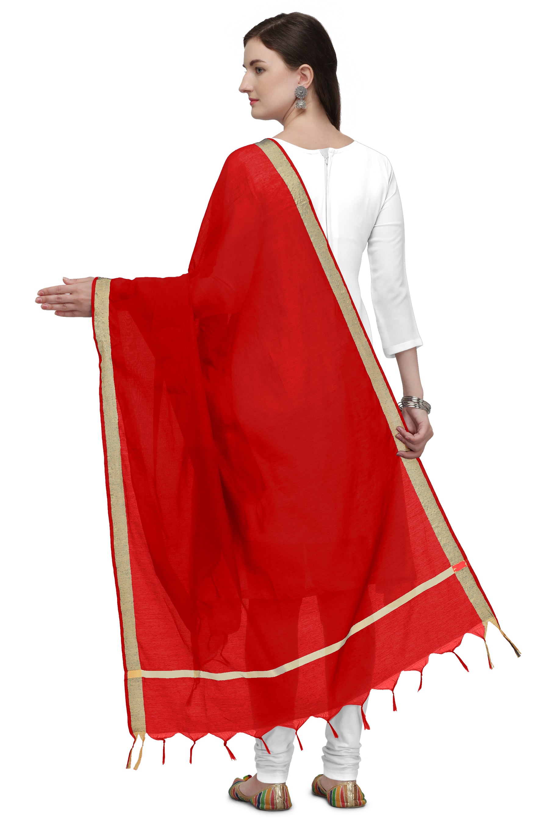Women's Red Solid Self Woven Gold Zari Border Cotton Silk Dupatta With Tassles - NIMIDHYA