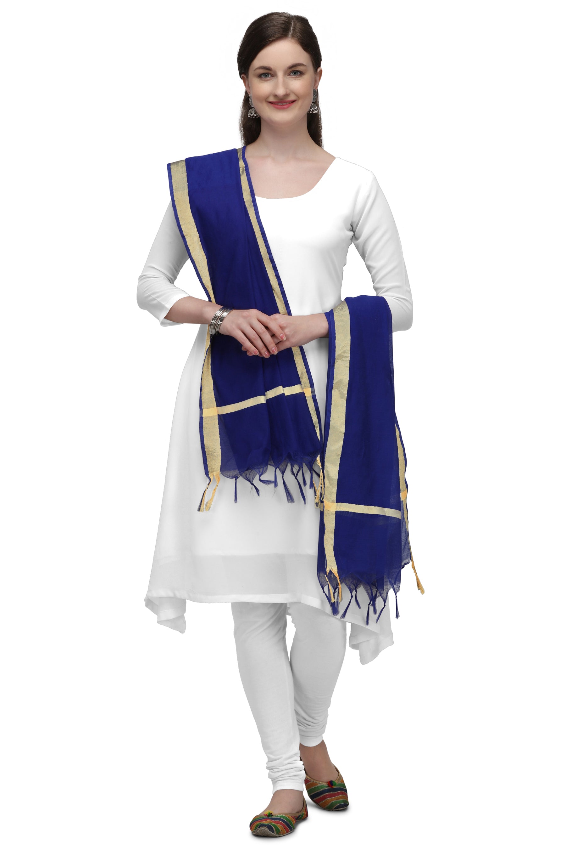 Women's Royal Blue Solid Self Woven Gold Zari Border Cotton Silk Dupatta With Tassles - NIMIDHYA
