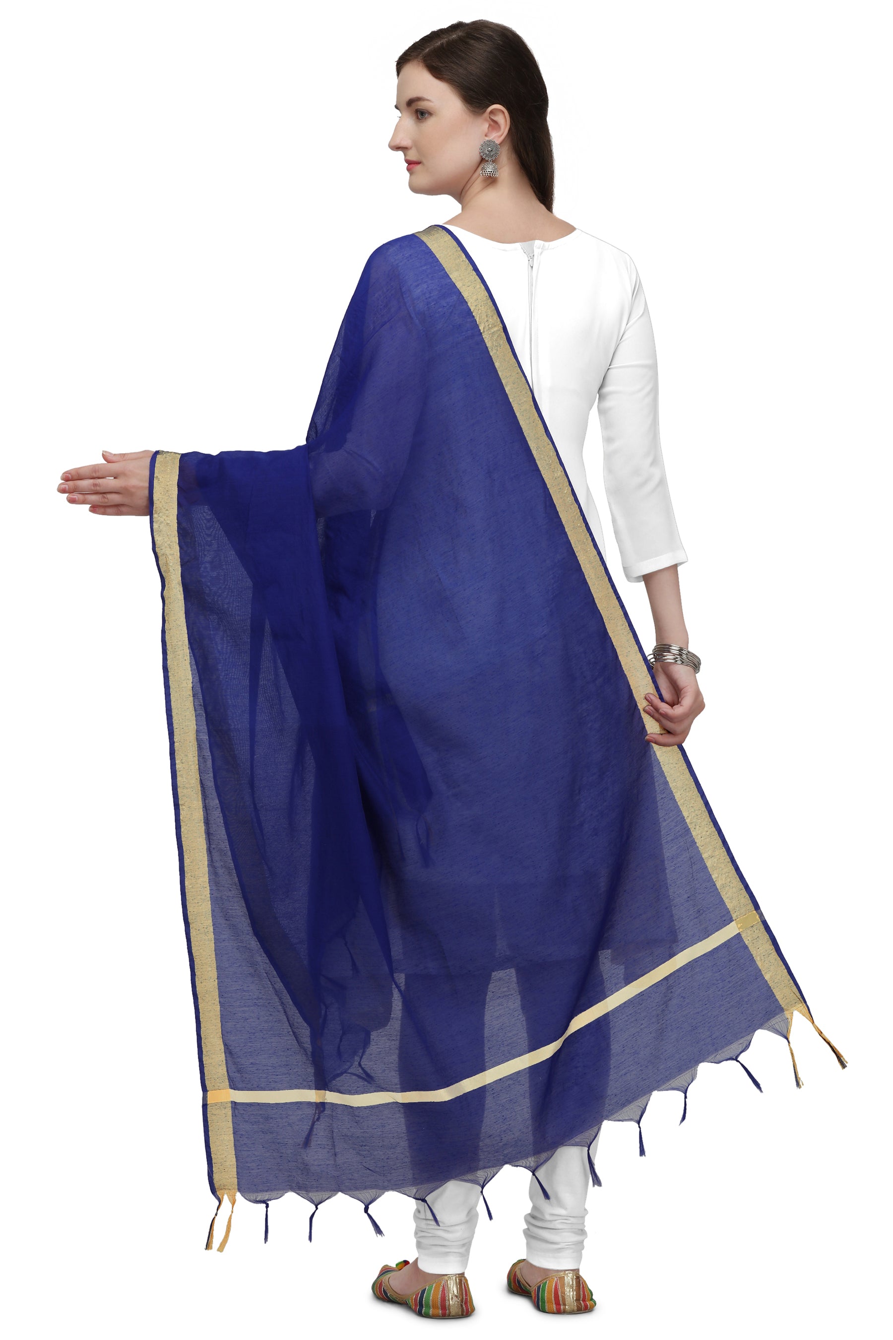Women's Royal Blue Solid Self Woven Gold Zari Border Cotton Silk Dupatta With Tassles - NIMIDHYA