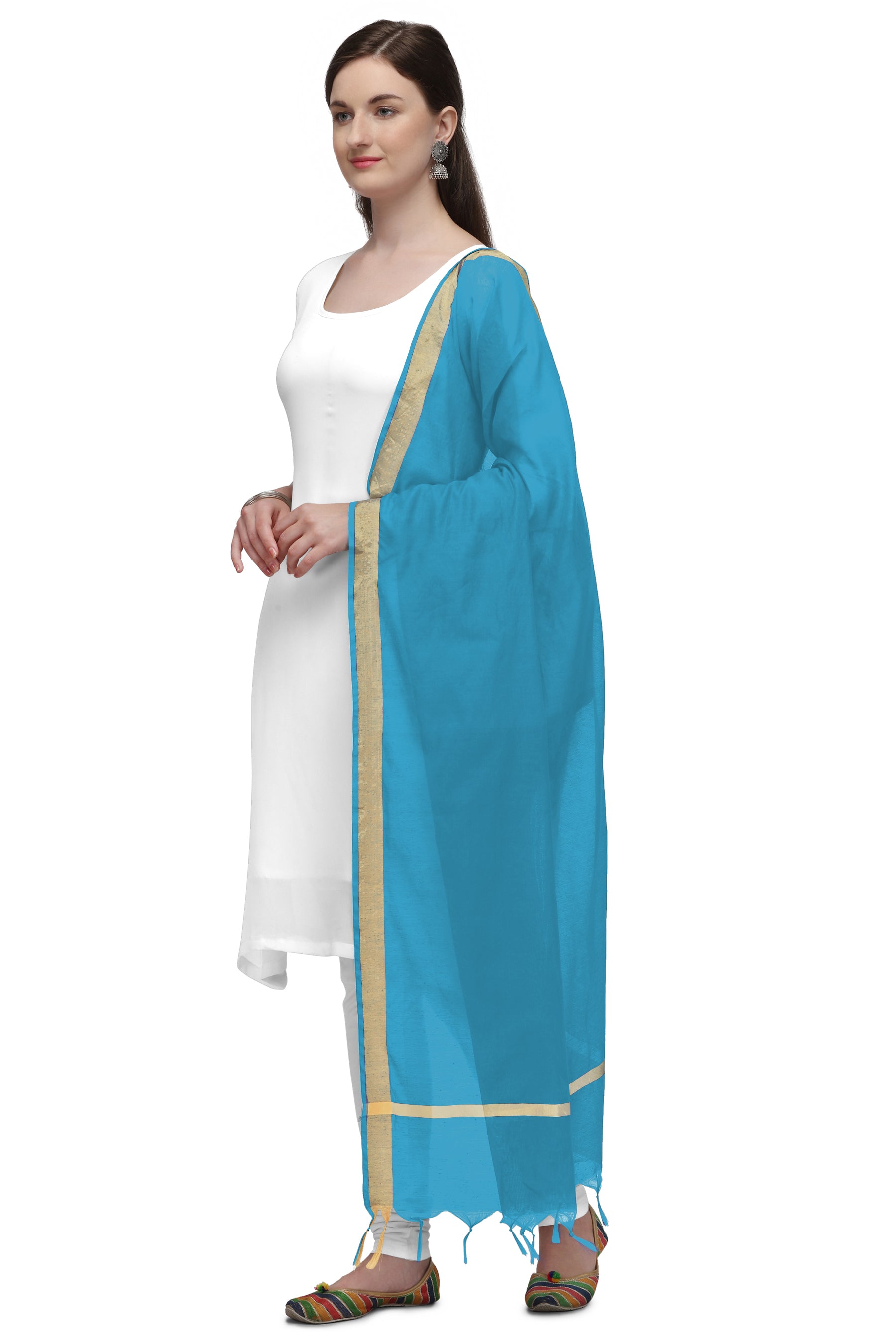Women's Sky Blue Solid Self Woven Gold Zari Border Cotton Silk Dupatta With Tassles - NIMIDHYA