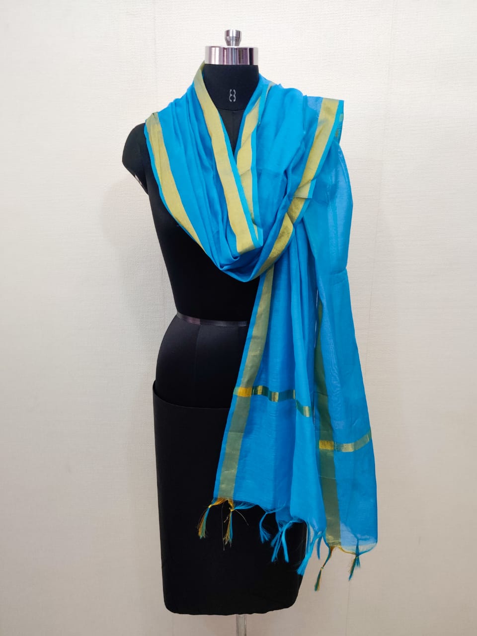 Women's Sky Blue Solid Self Woven Gold Zari Border Cotton Silk Dupatta With Tassles - NIMIDHYA