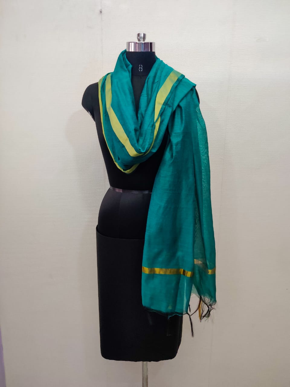 Women's Teal Solid Self Woven Gold Zari Border Cotton Silk Dupatta With Tassles - NIMIDHYA