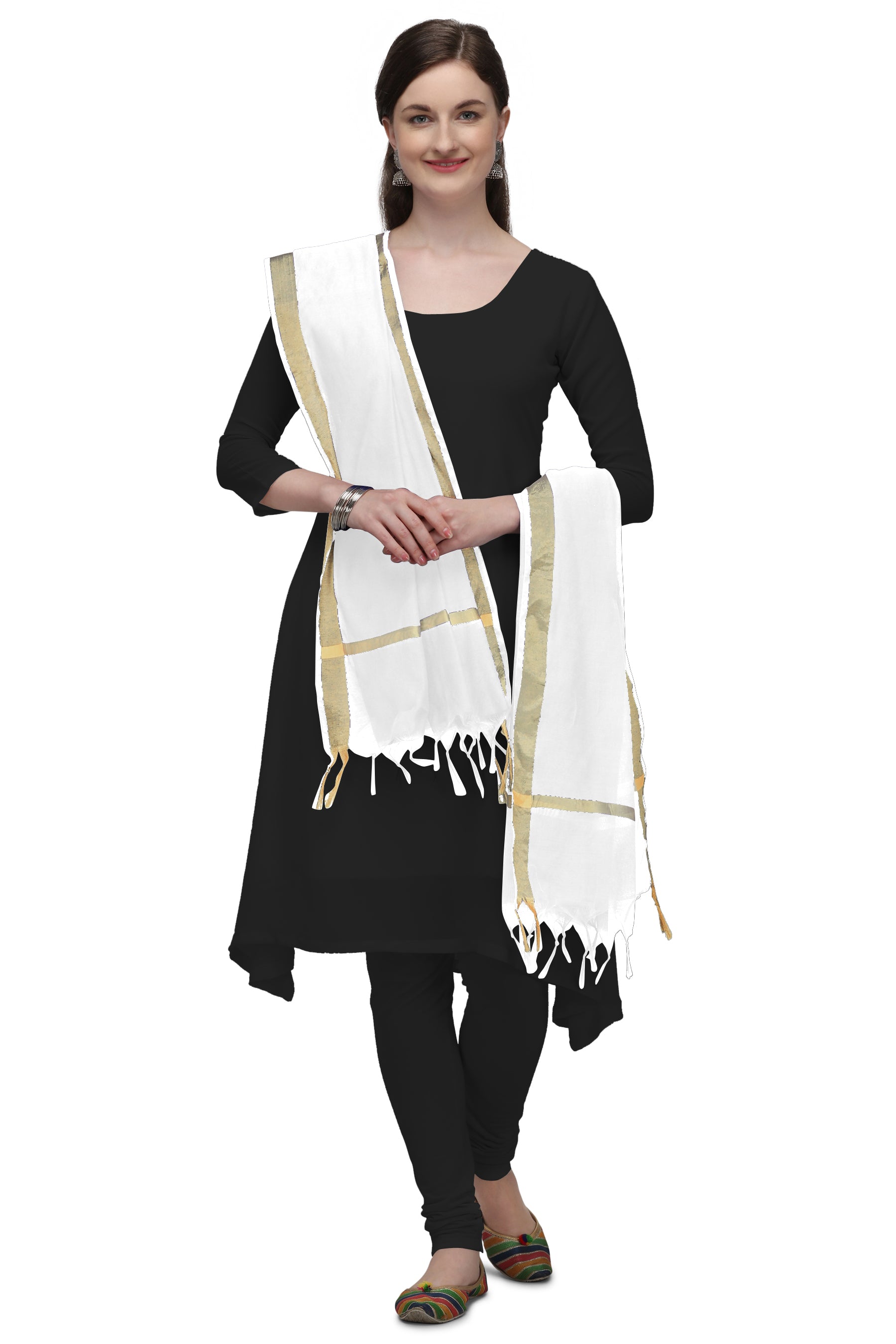 Women's White Solid Self Woven Gold Zari Border Cotton Silk Dupatta With Tassles - NIMIDHYA