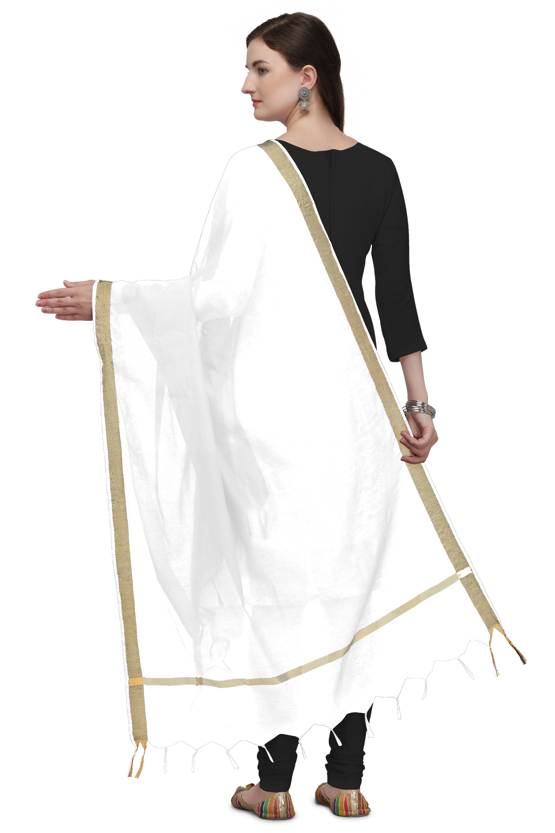 Women's White Solid Self Woven Gold Zari Border Cotton Silk Dupatta With Tassles - NIMIDHYA