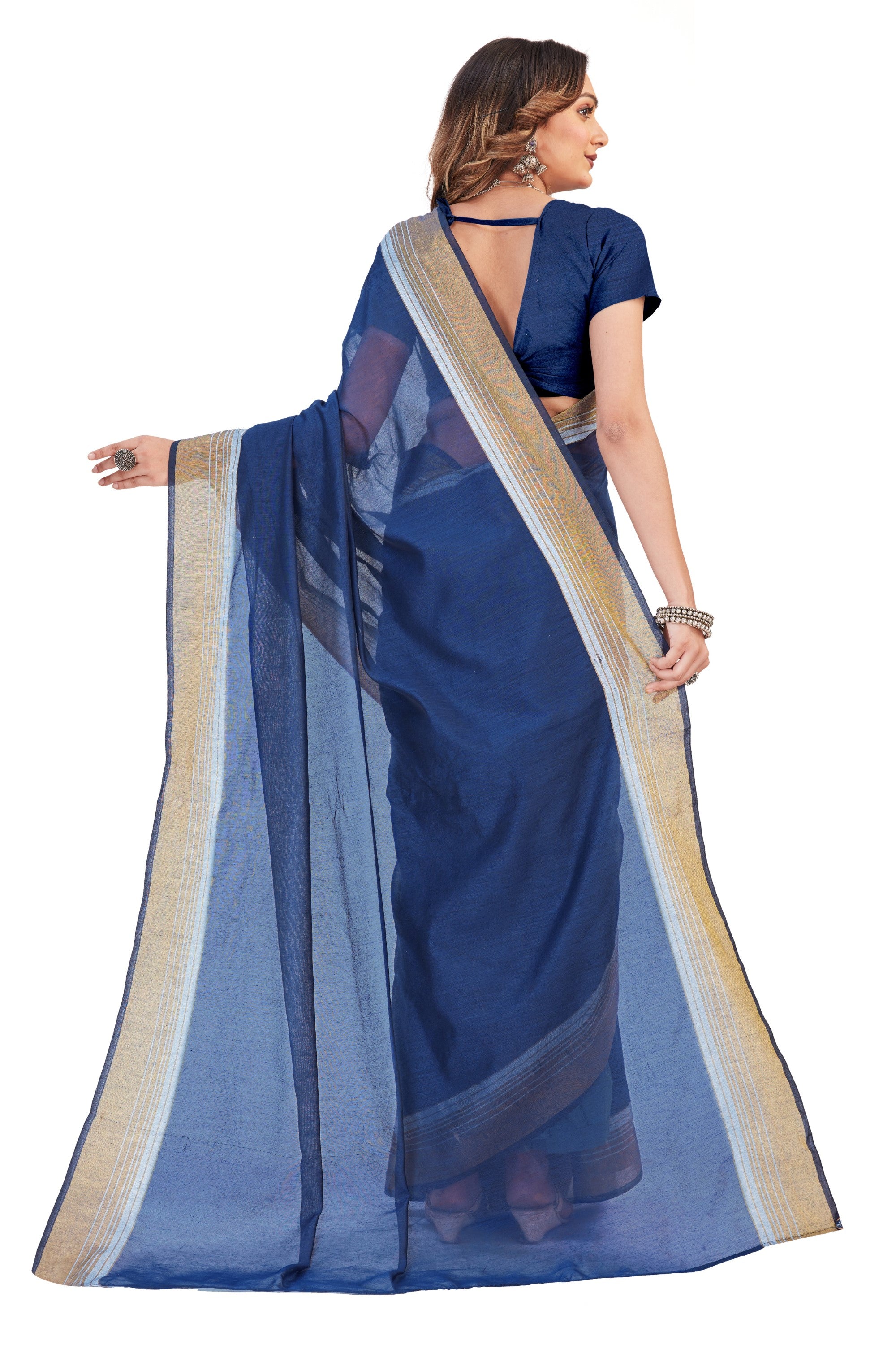 Women's self Woven Solid Daily Wear Cotton Blend Zari Border Sari With Blouse Piece (Dark Blue) - NIMIDHYA