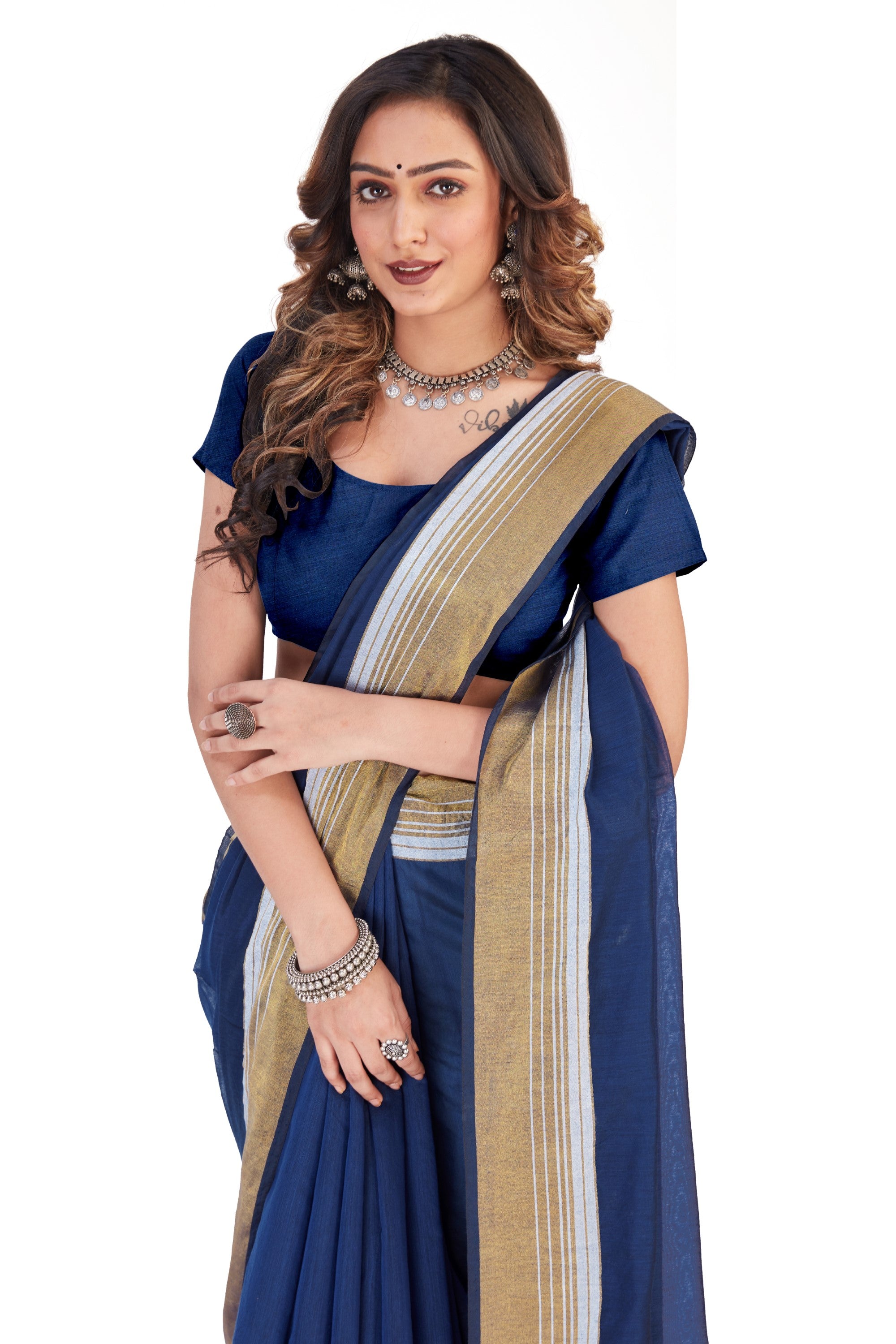 Women's self Woven Solid Daily Wear Cotton Blend Zari Border Sari With Blouse Piece (Dark Blue) - NIMIDHYA
