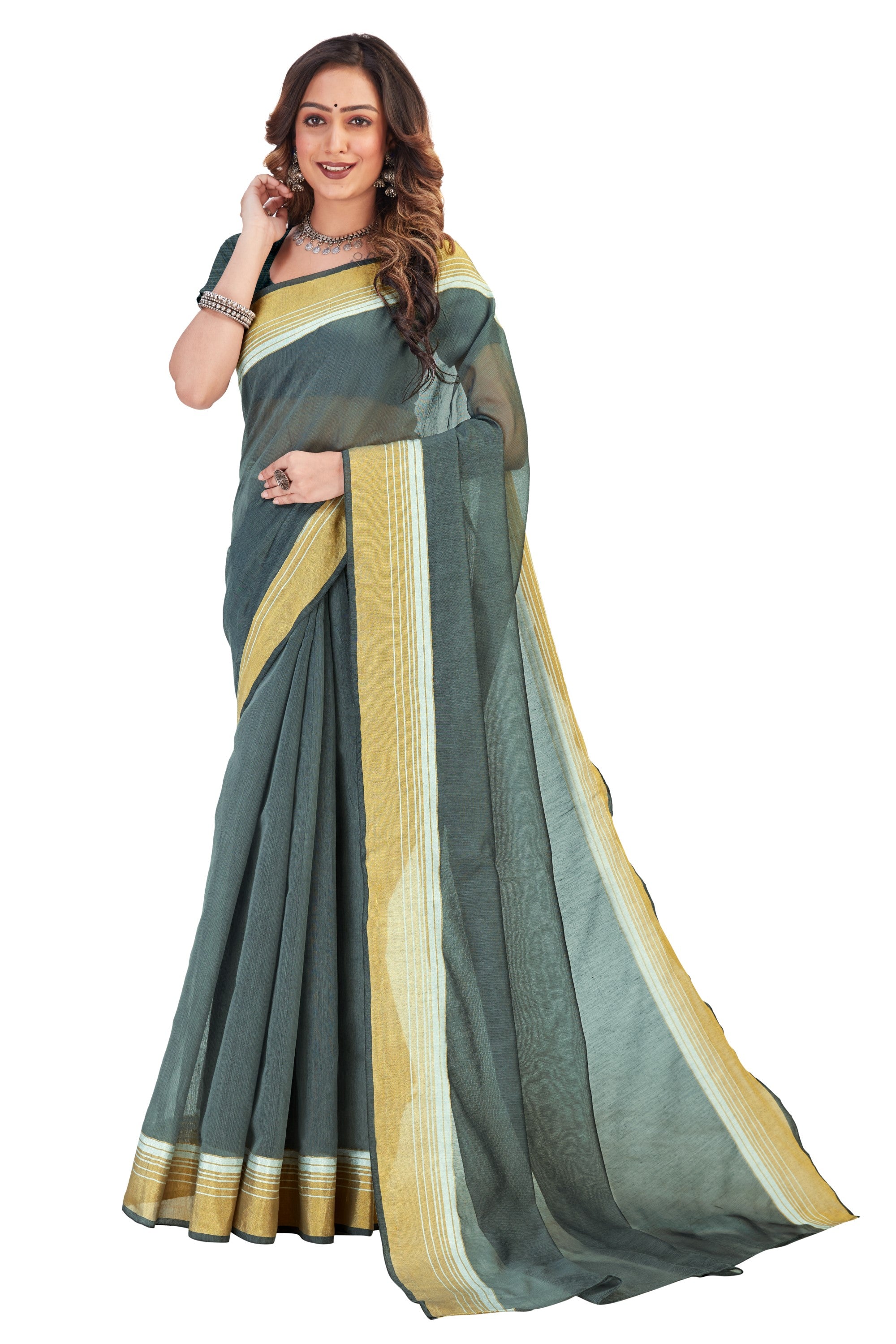 Women's self Woven Solid Daily Wear Cotton Blend Zari Border Sari With Blouse Piece (Grey) - NIMIDHYA