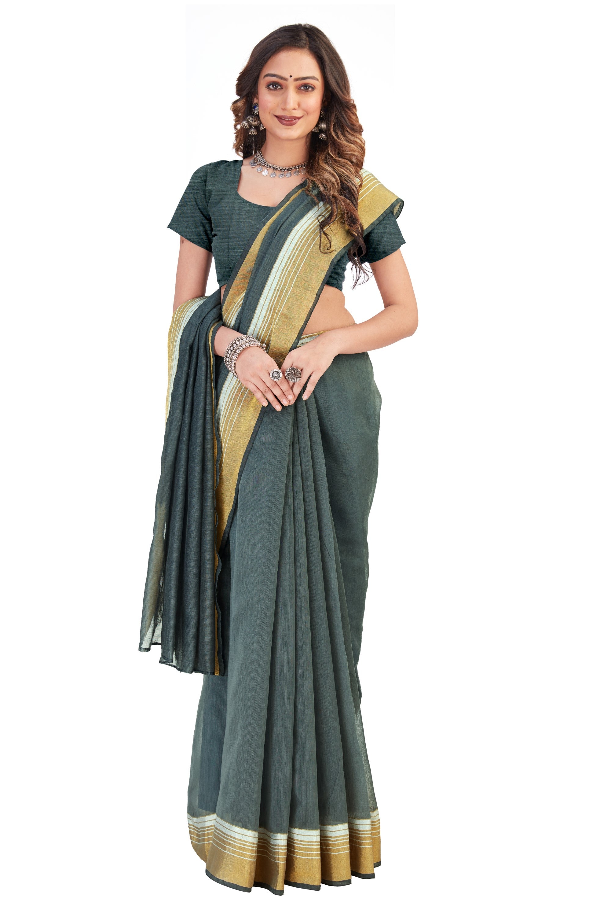 Women's self Woven Solid Daily Wear Cotton Blend Zari Border Sari With Blouse Piece (Grey) - NIMIDHYA