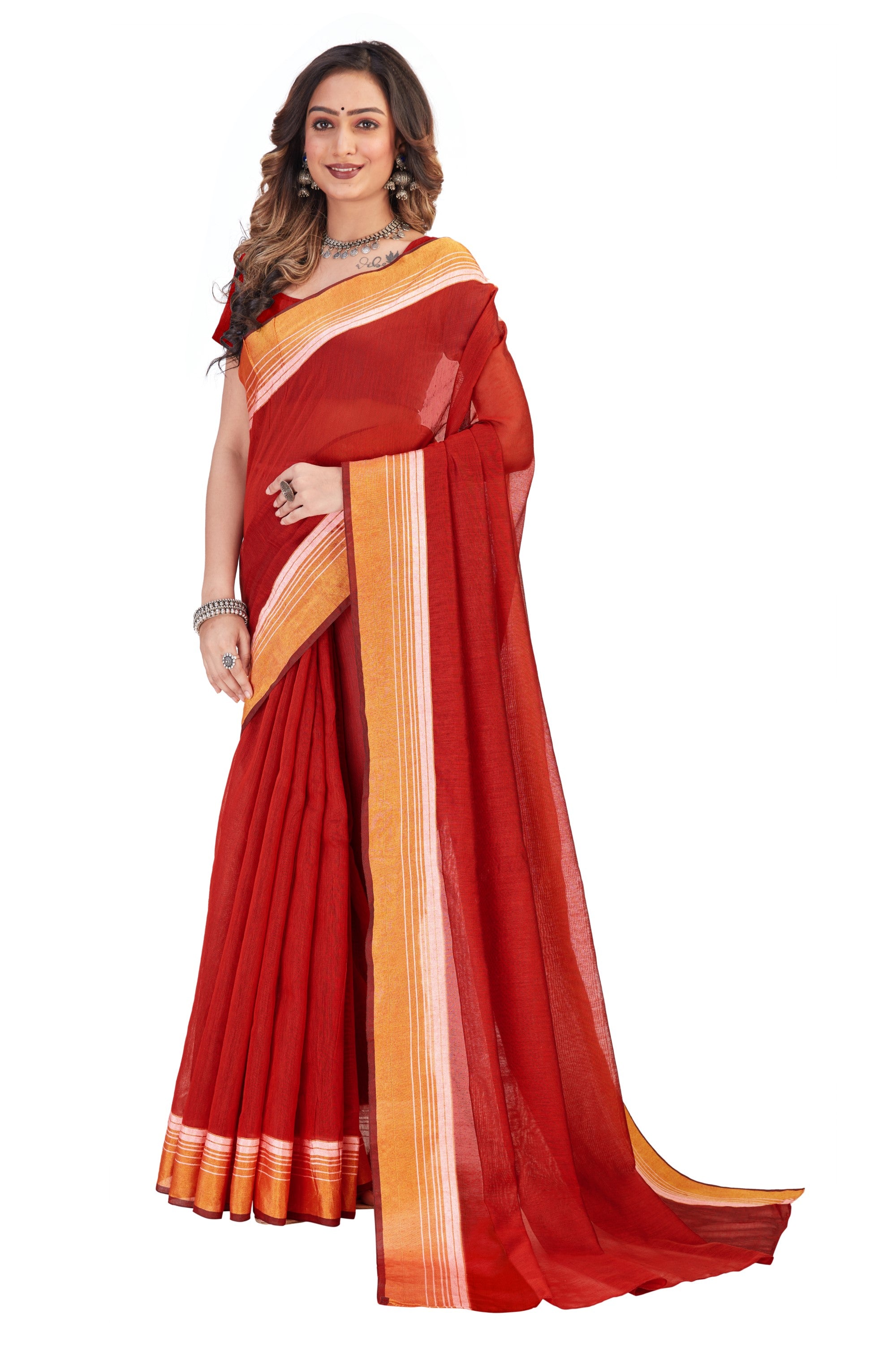 Women's self Woven Solid Daily Wear Cotton Blend Zari Border Sari With Blouse Piece (Orange) - NIMIDHYA