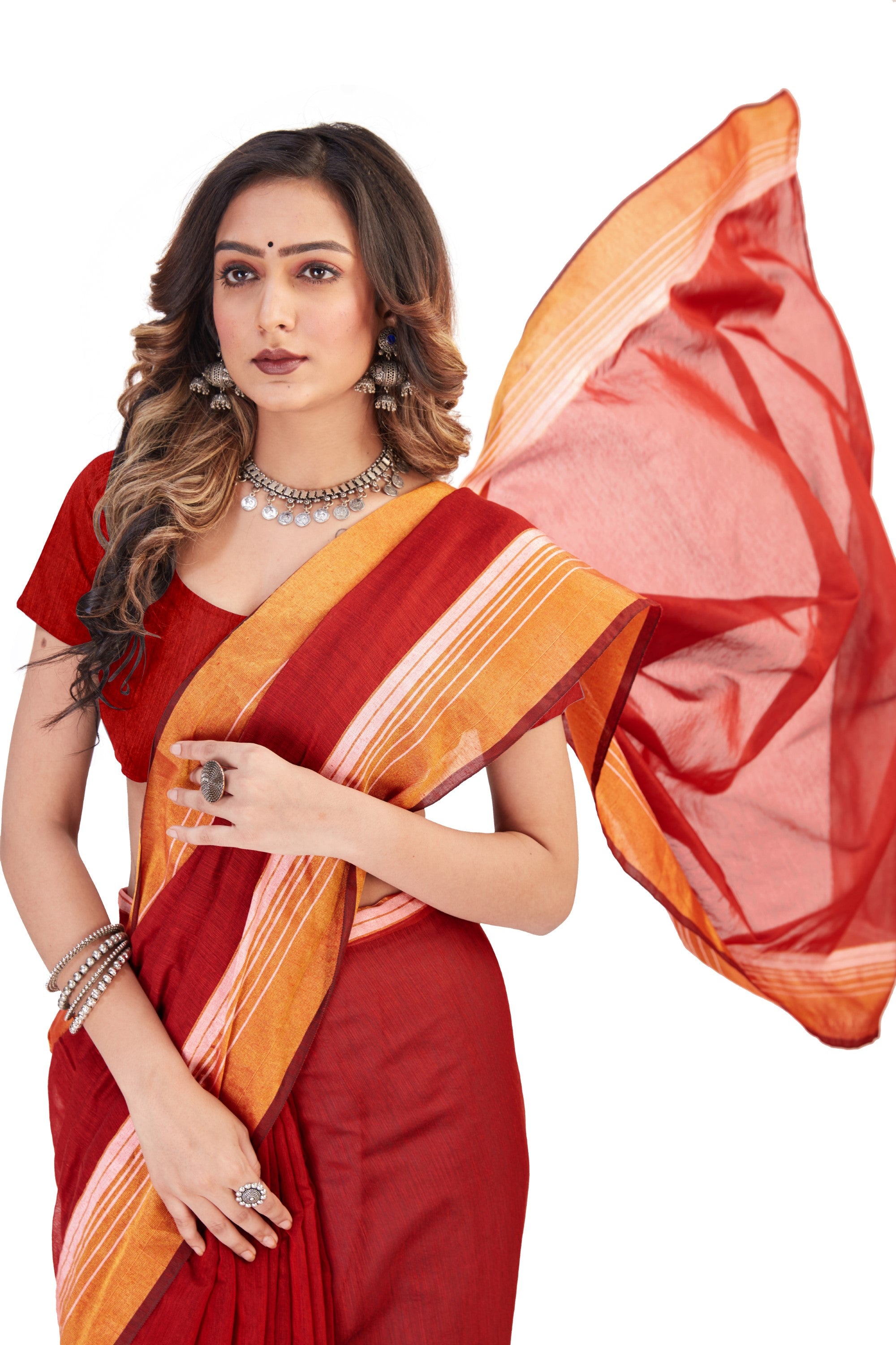 Women's self Woven Solid Daily Wear Cotton Blend Zari Border Sari With Blouse Piece (Orange) - NIMIDHYA