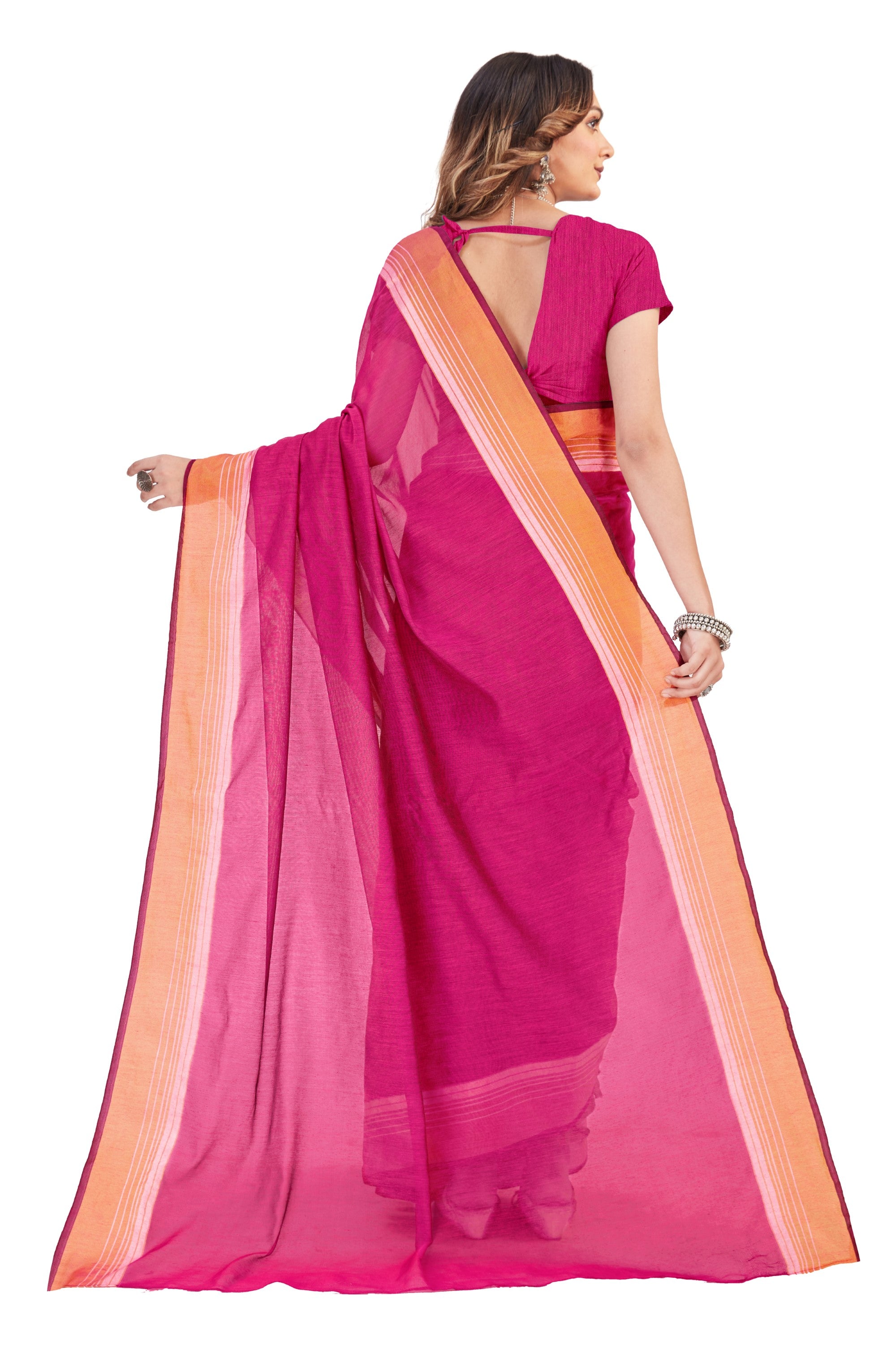 Women's self Woven Solid Daily Wear Cotton Blend Zari Border Sari With Blouse Piece (Pink) - NIMIDHYA