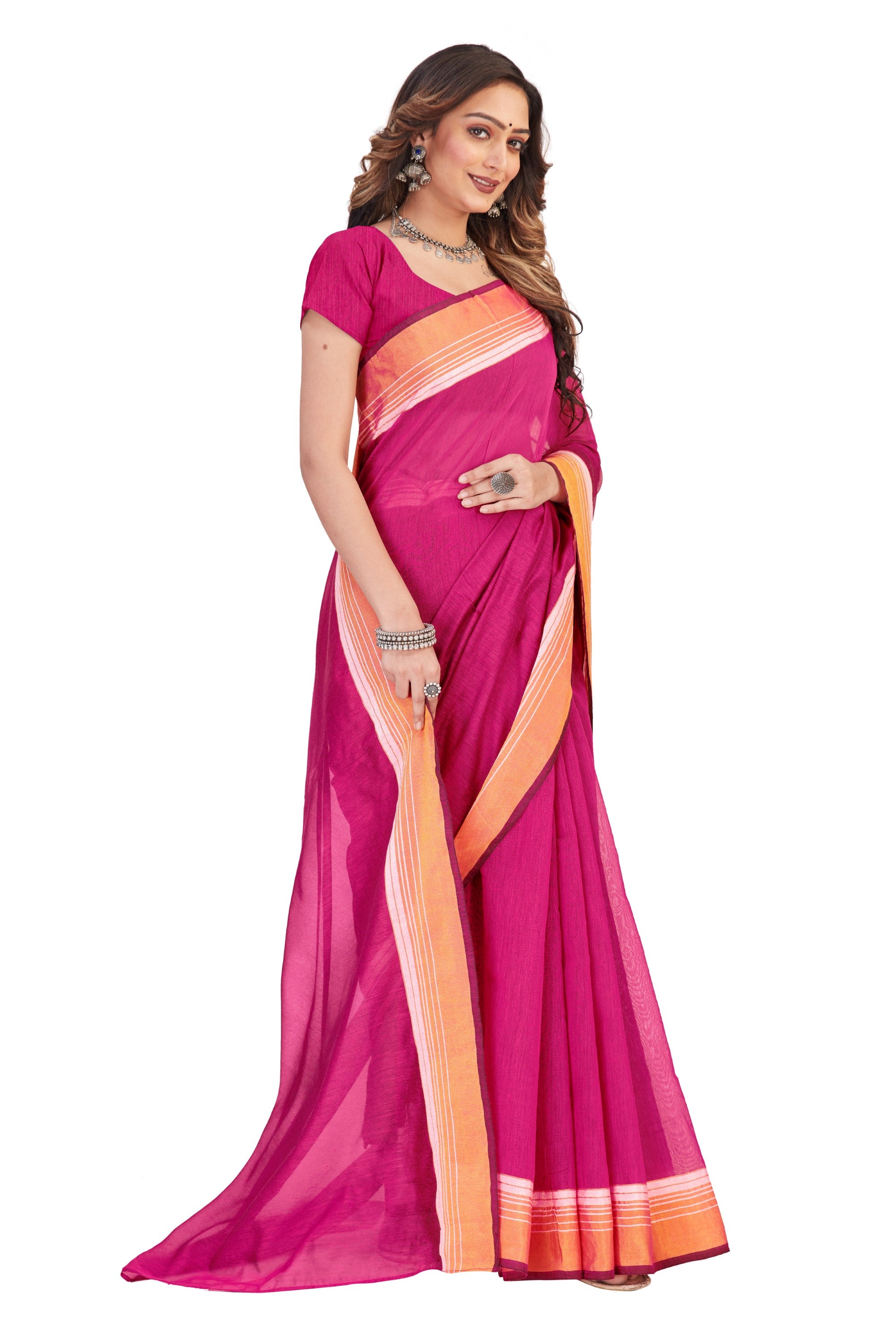 Women's self Woven Solid Daily Wear Cotton Blend Zari Border Sari With Blouse Piece (Pink) - NIMIDHYA