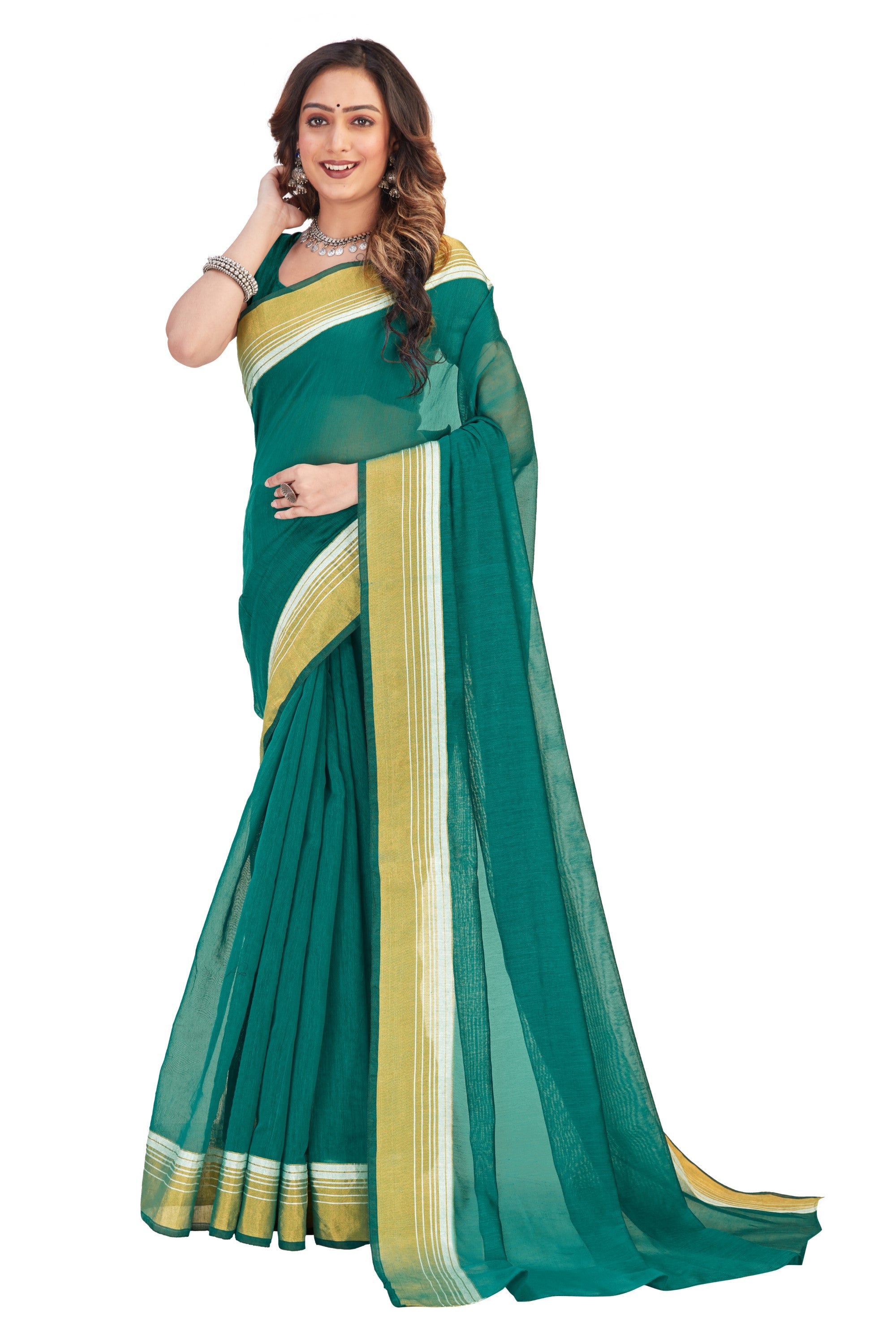 Women's self Woven Solid Daily Wear Cotton Blend Zari Border Sari With Blouse Piece (Rama) - NIMIDHYA