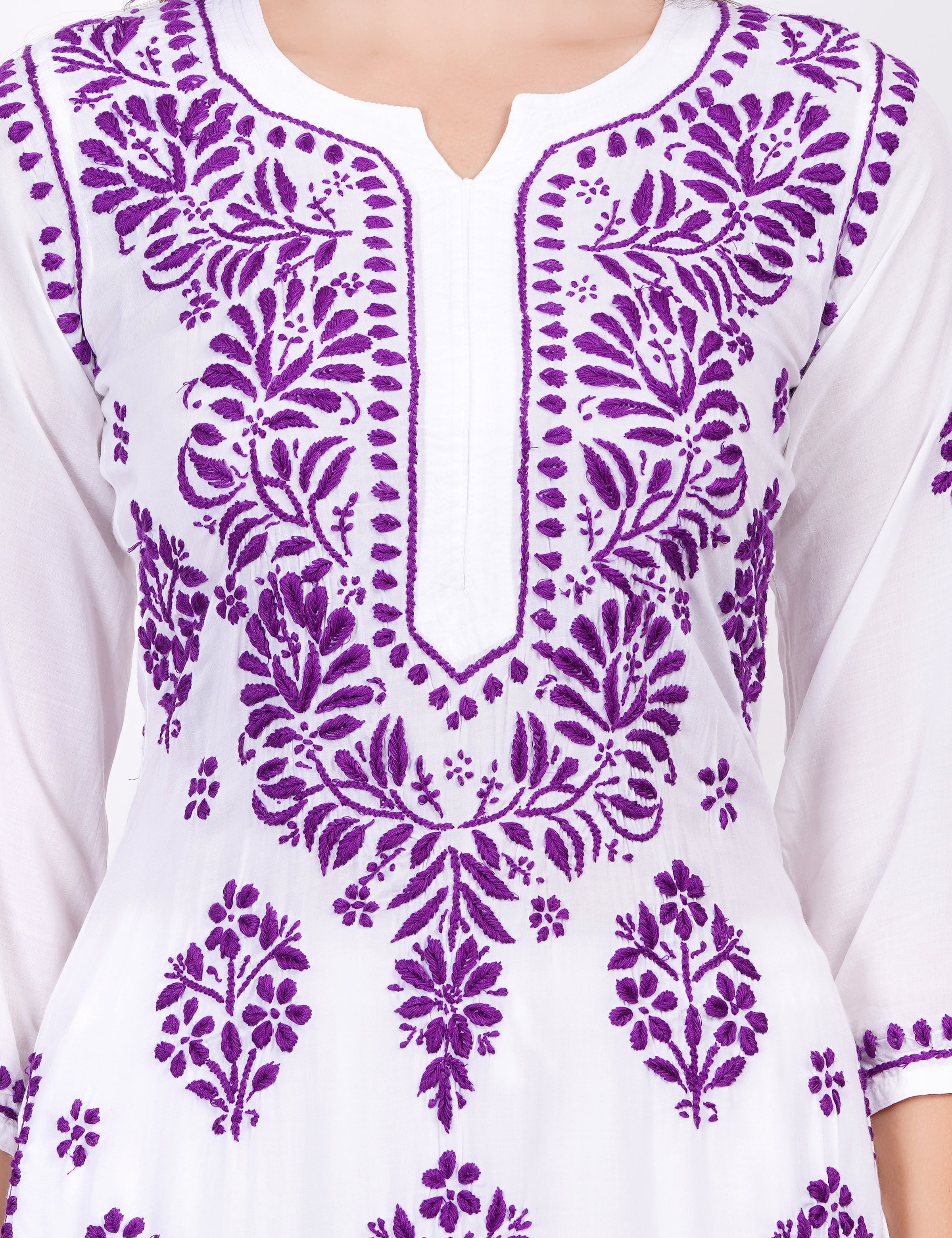 Women's Modal White Cotton Purple Thread Chikankari Kurti