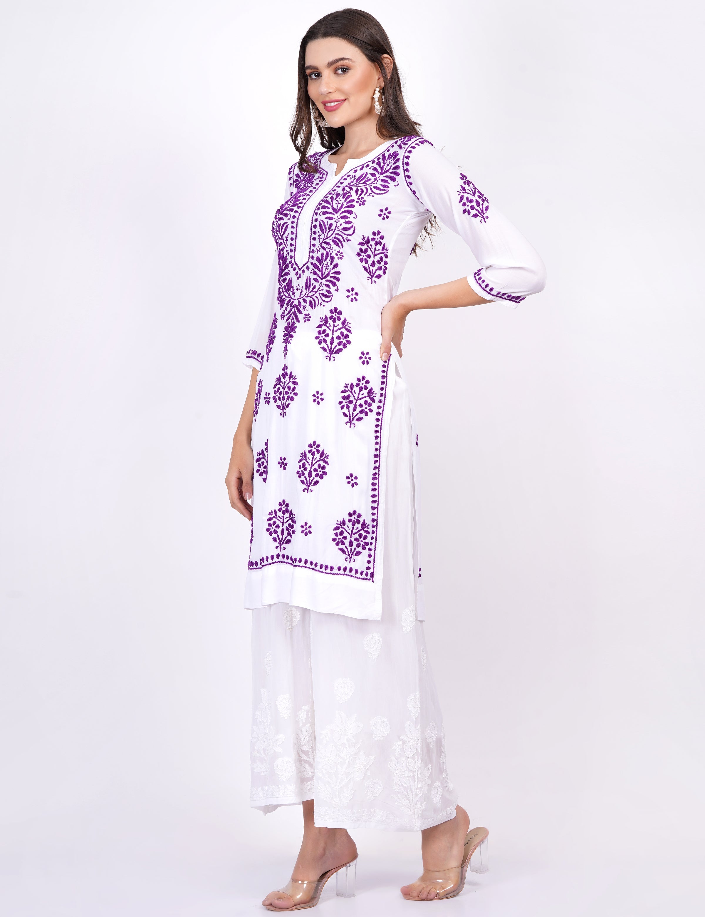 Women's Modal White Cotton Purple Thread Chikankari Kurti