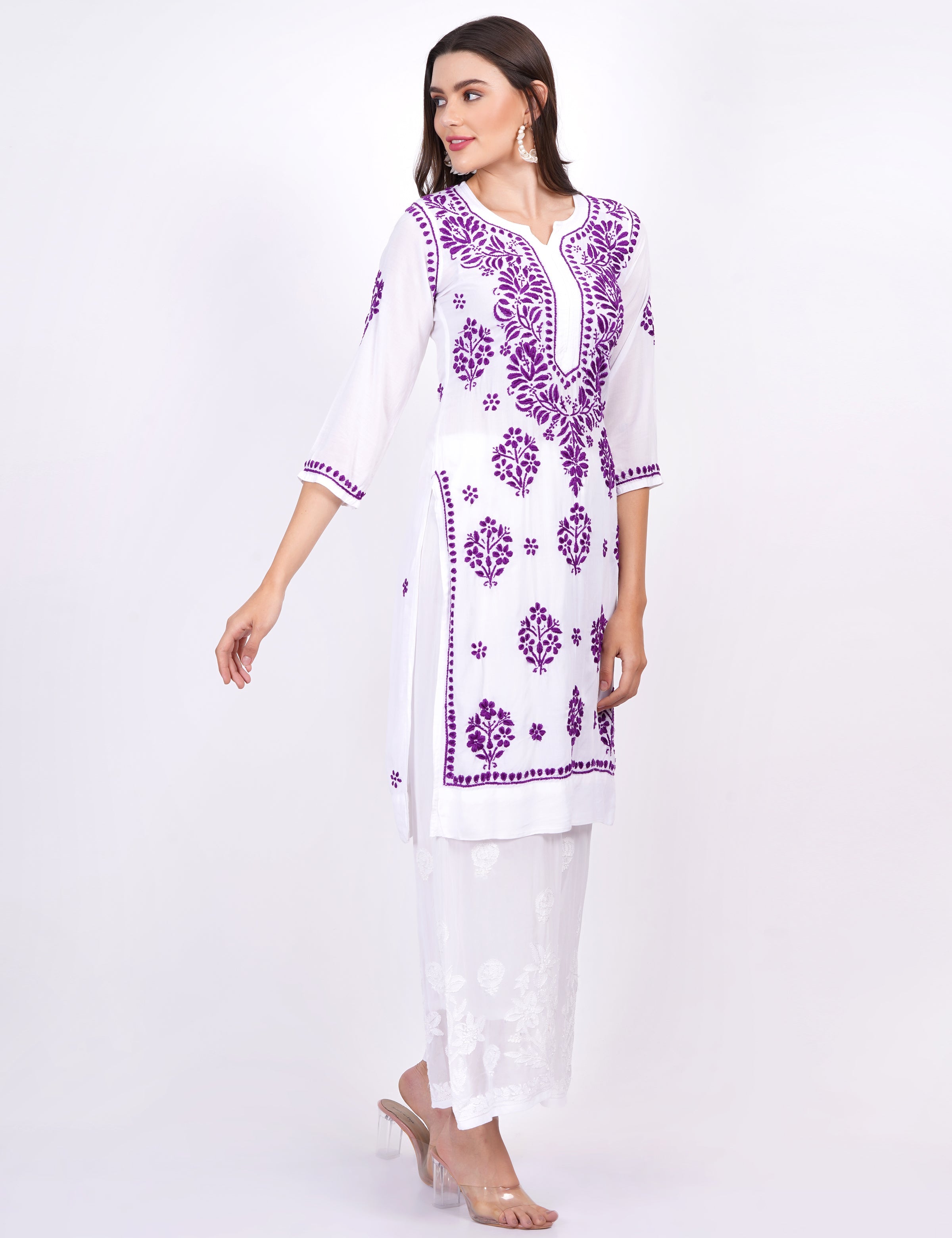 Women's Modal White Cotton Purple Thread Chikankari Kurti