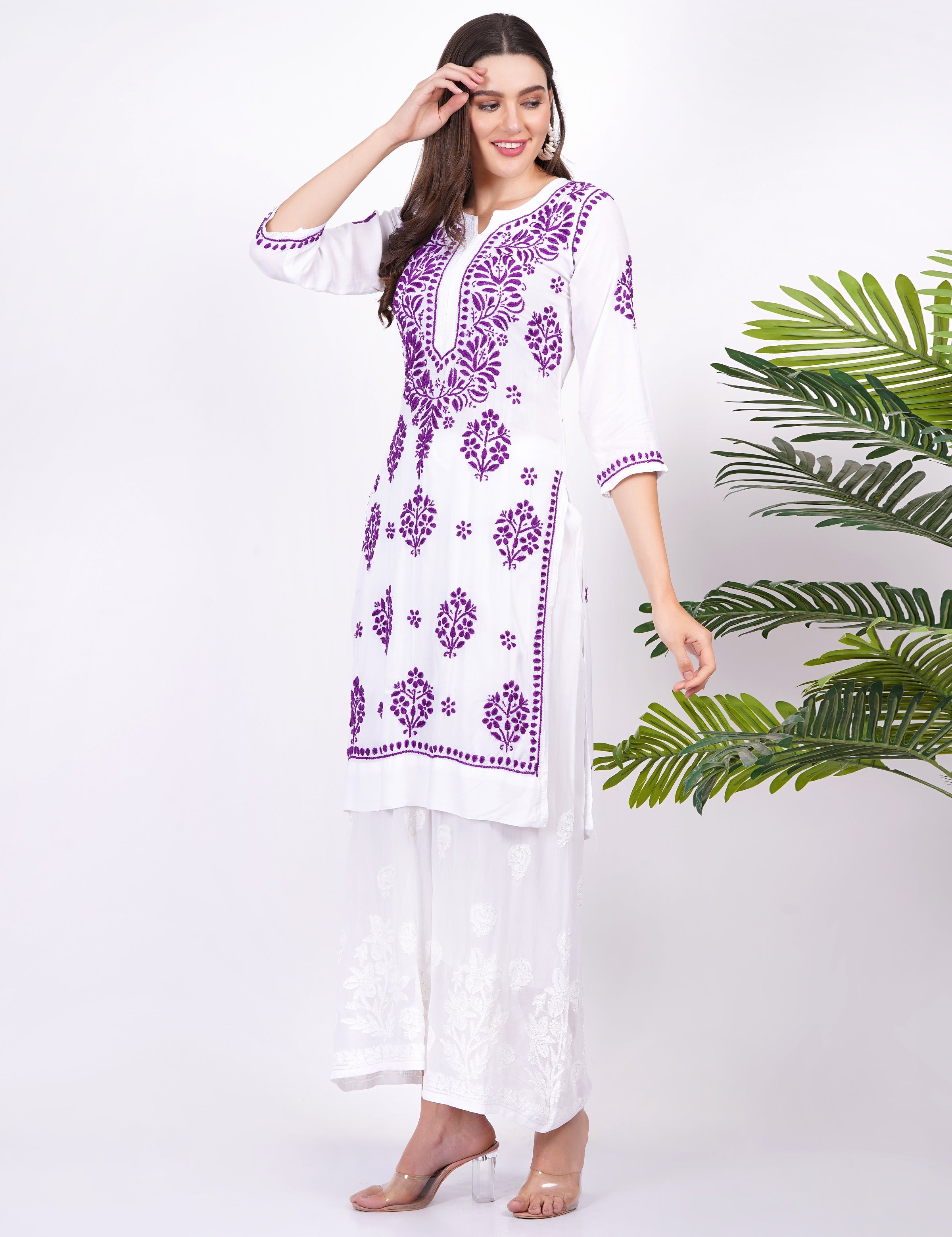 Women's Modal White Cotton Purple Thread Chikankari Kurti