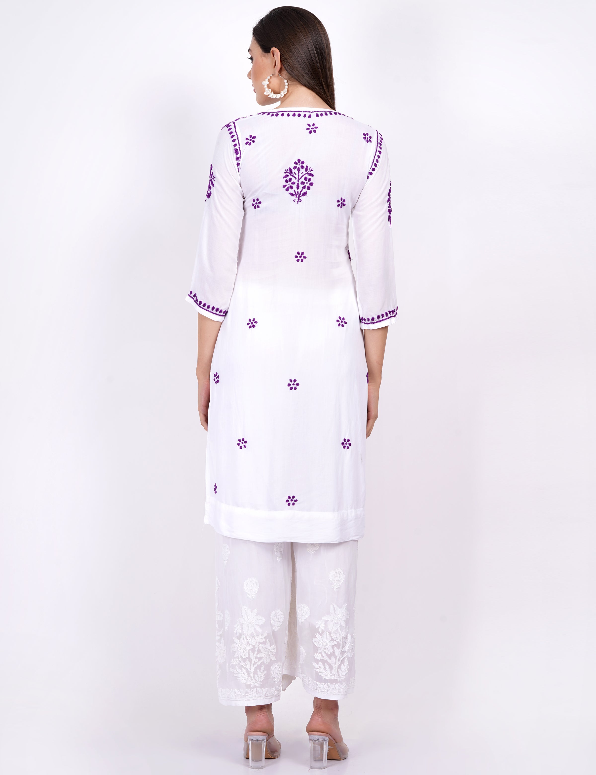 Women's Modal White Cotton Purple Thread Chikankari Kurti