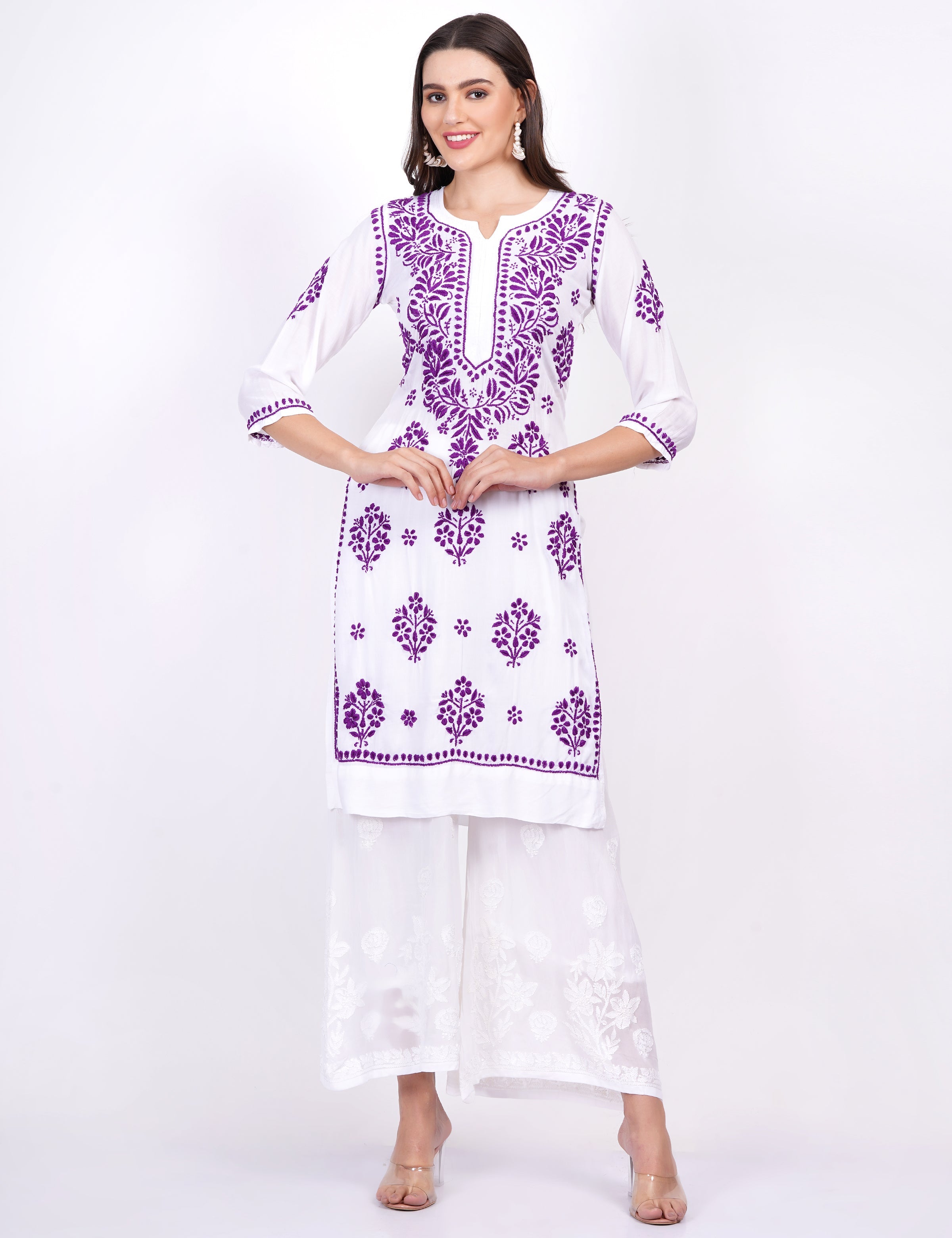 Women's Modal White Cotton Purple Thread Chikankari Kurti