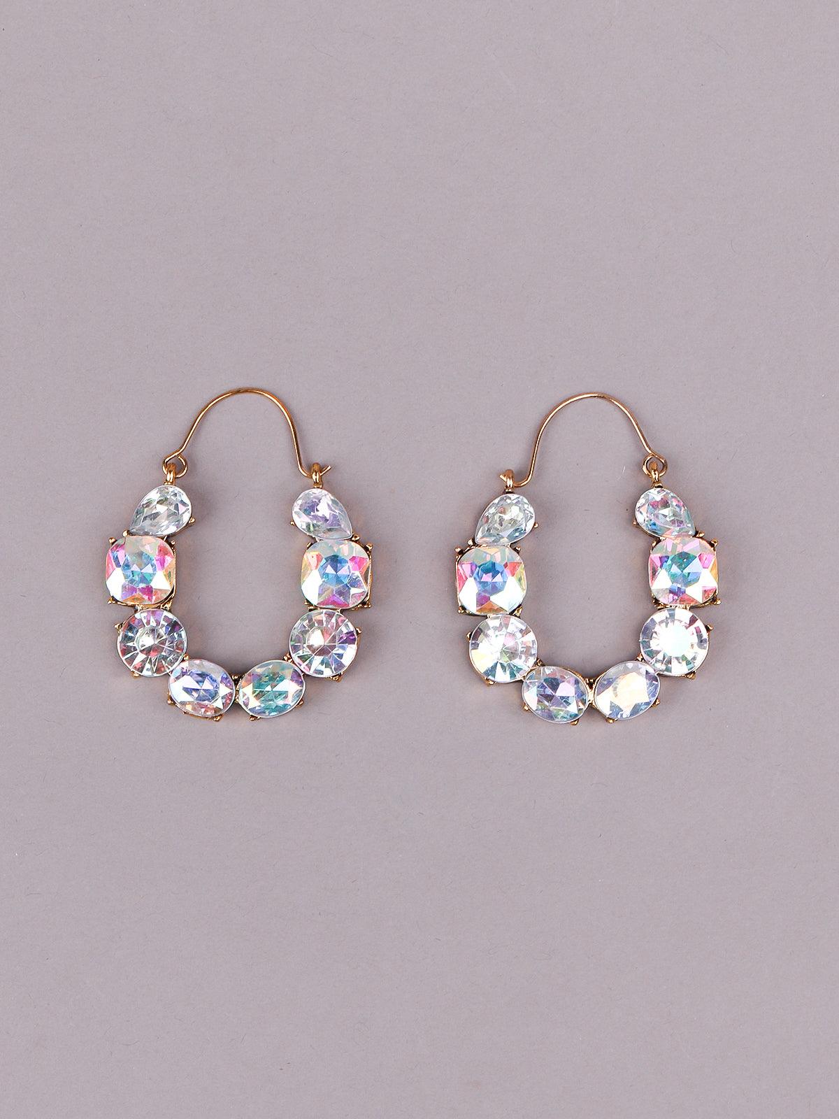 Women's Chrome Effect Clear Rhinestones Embellished Rounded Earring