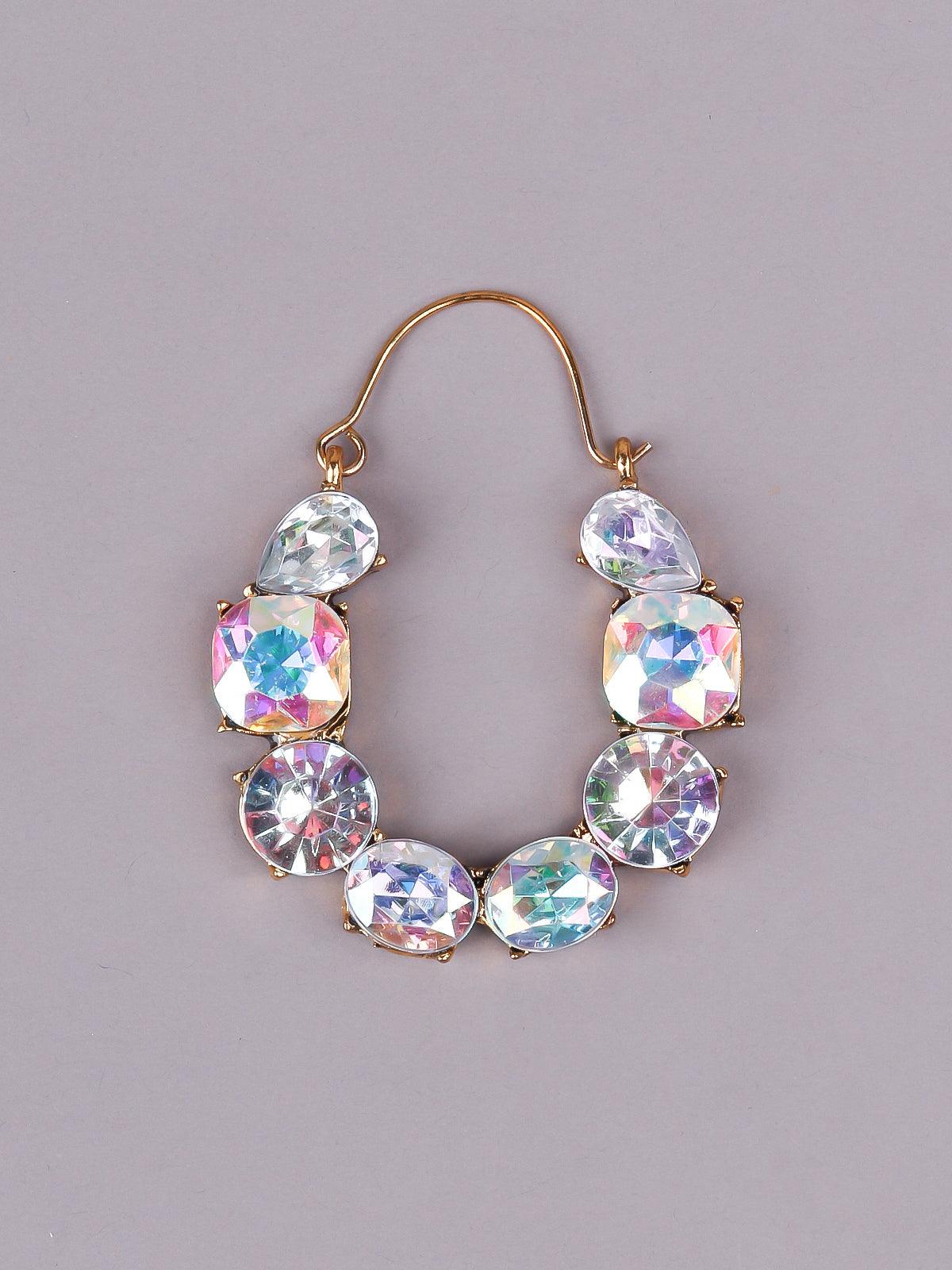 Women's Chrome Effect Clear Rhinestones Embellished Rounded Earring