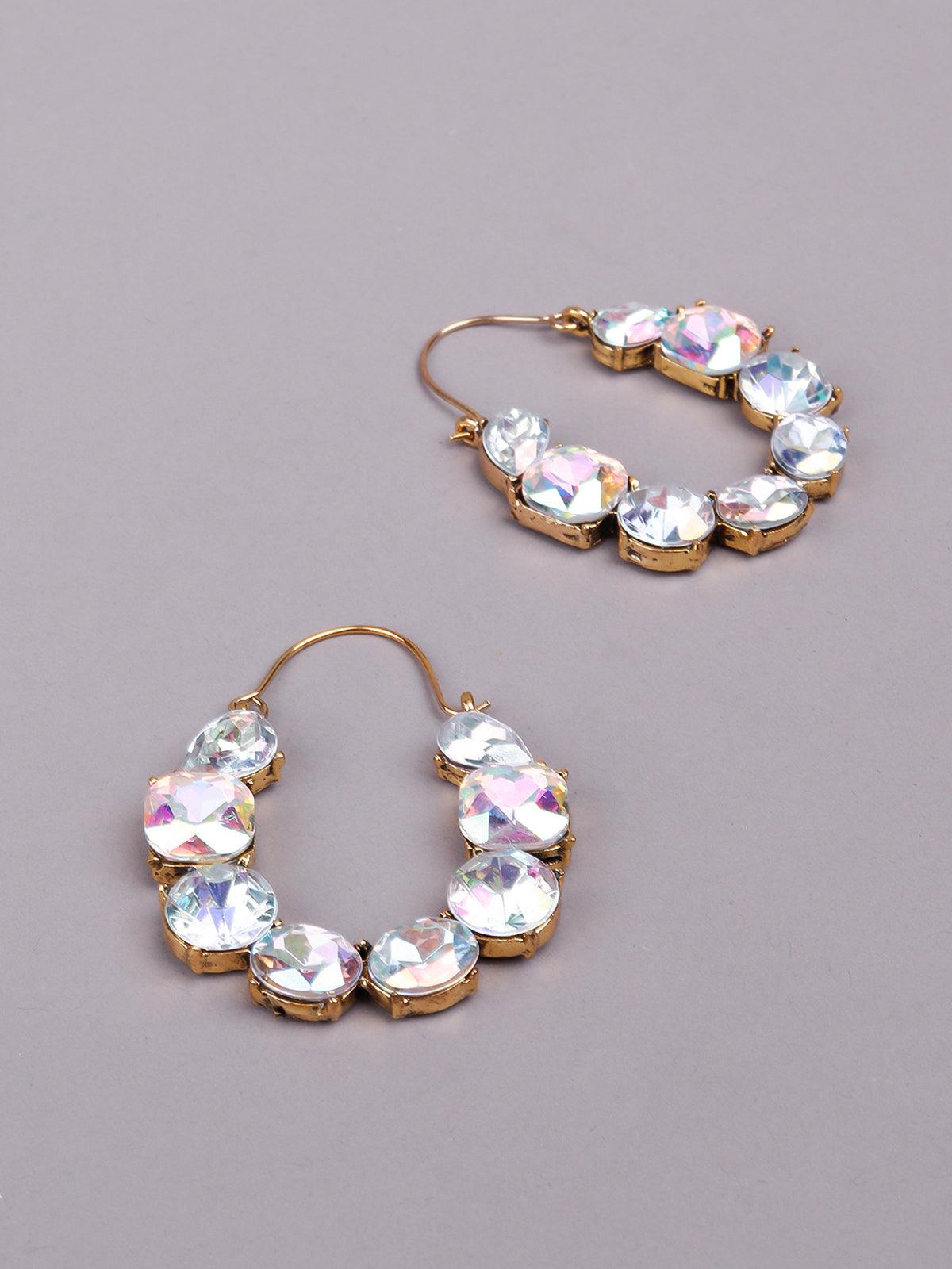 Women's Chrome Effect Clear Rhinestones Embellished Rounded Earring