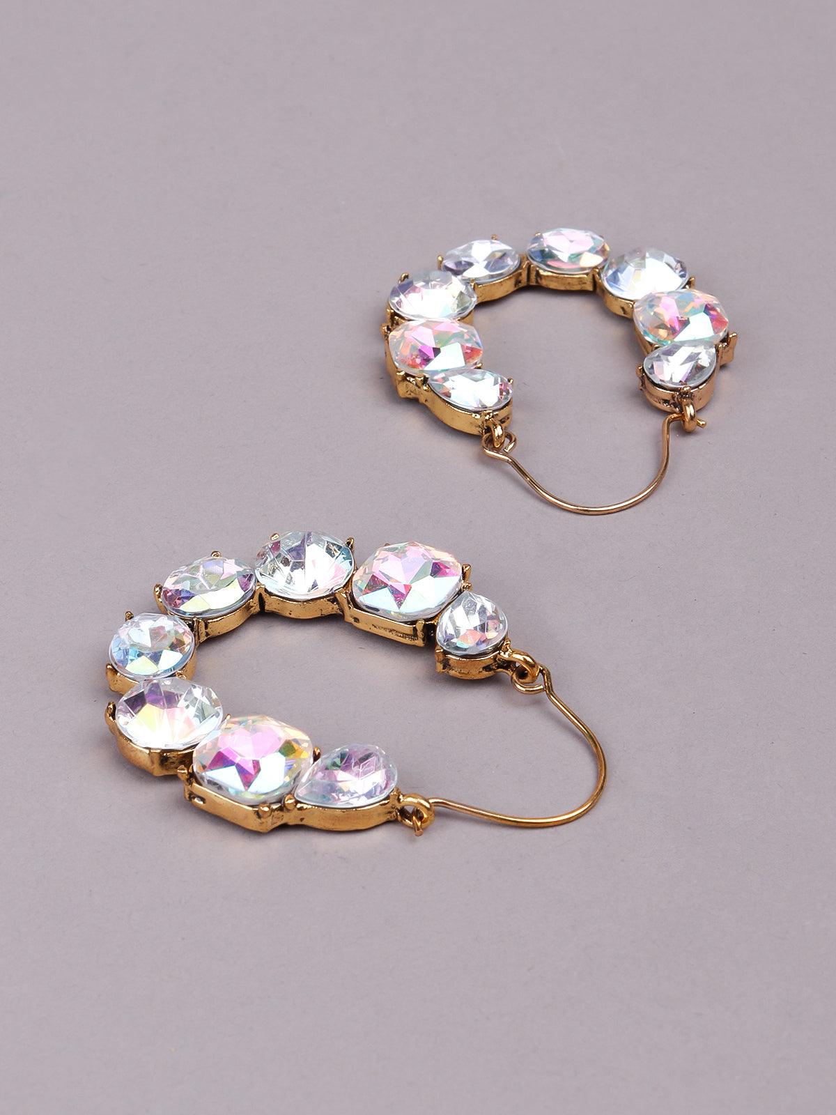 Women's Chrome Effect Clear Rhinestones Embellished Rounded Earring