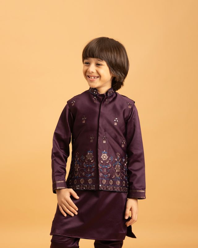 Boy's Purple Malai Satin Kurta Set