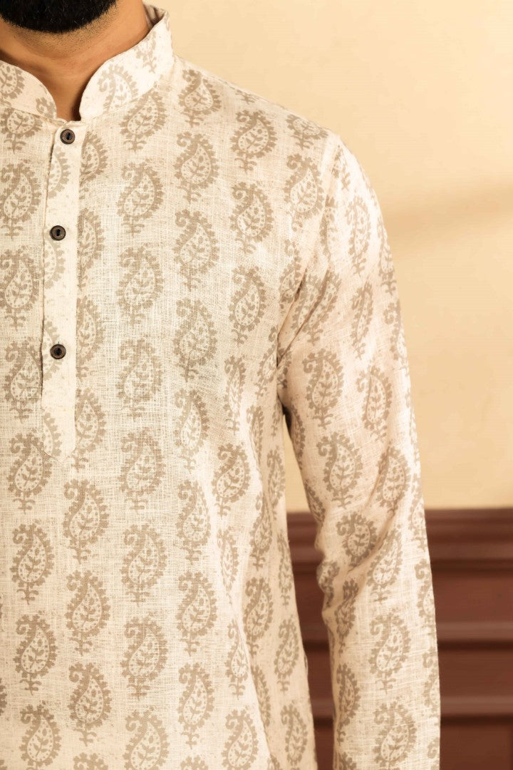 Men's Cream Linen Solid Kurta Set - Panjari Store